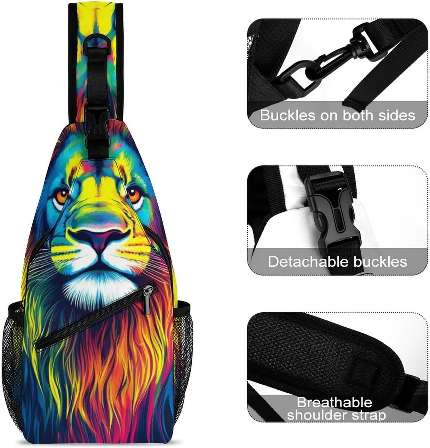 Men Women Crossbody Sling Bag Casual Chest Bag with Adjustable Shoulder Strap Watercolor Lion Painting Art Large Capacity Hiking Gym Daypack