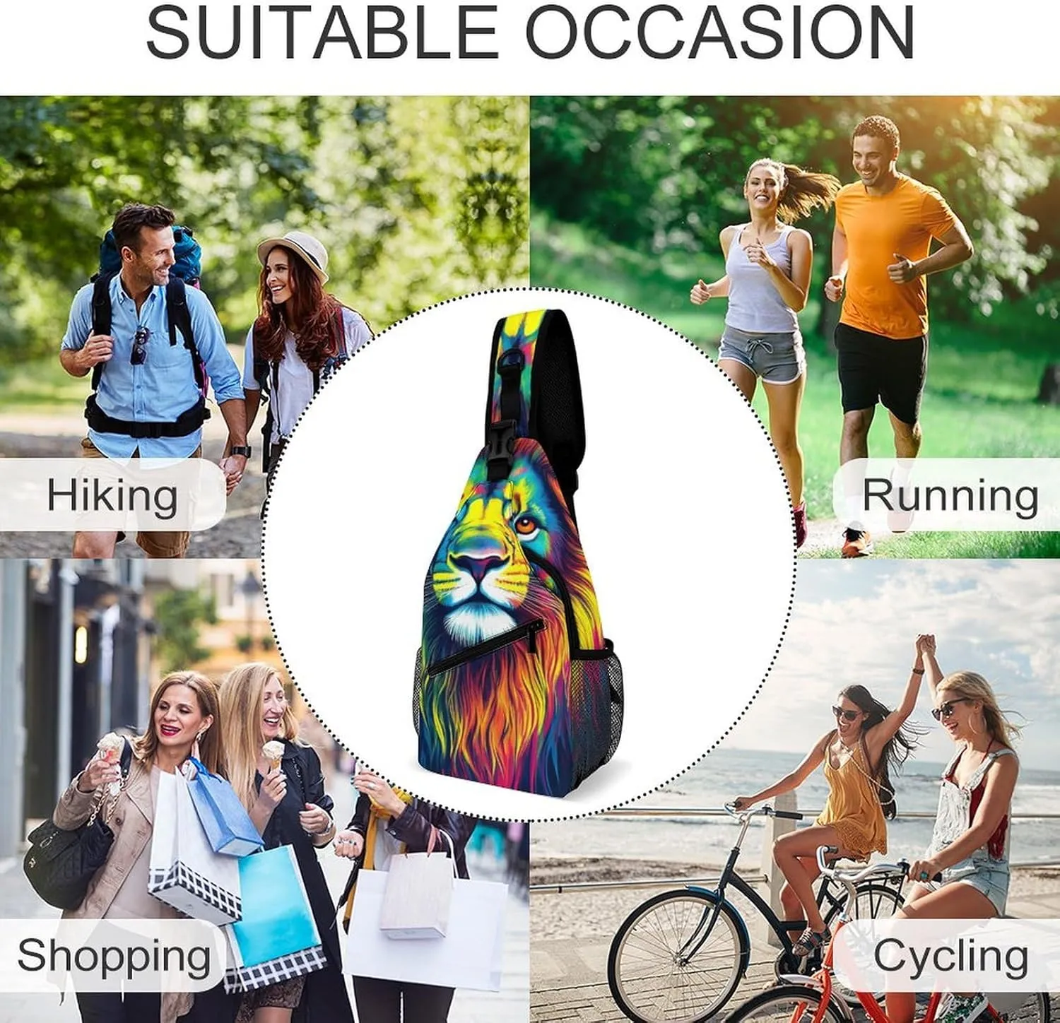 Men Women Crossbody Sling Bag Casual Chest Bag with Adjustable Shoulder Strap Watercolor Lion Painting Art Large Capacity Hiking Gym Daypack