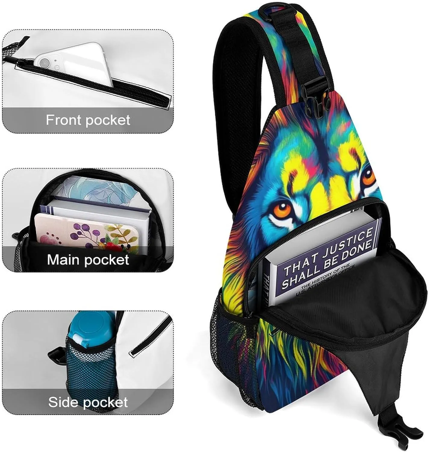 Men Women Crossbody Sling Bag Casual Chest Bag with Adjustable Shoulder Strap Watercolor Lion Painting Art Large Capacity Hiking Gym Daypack