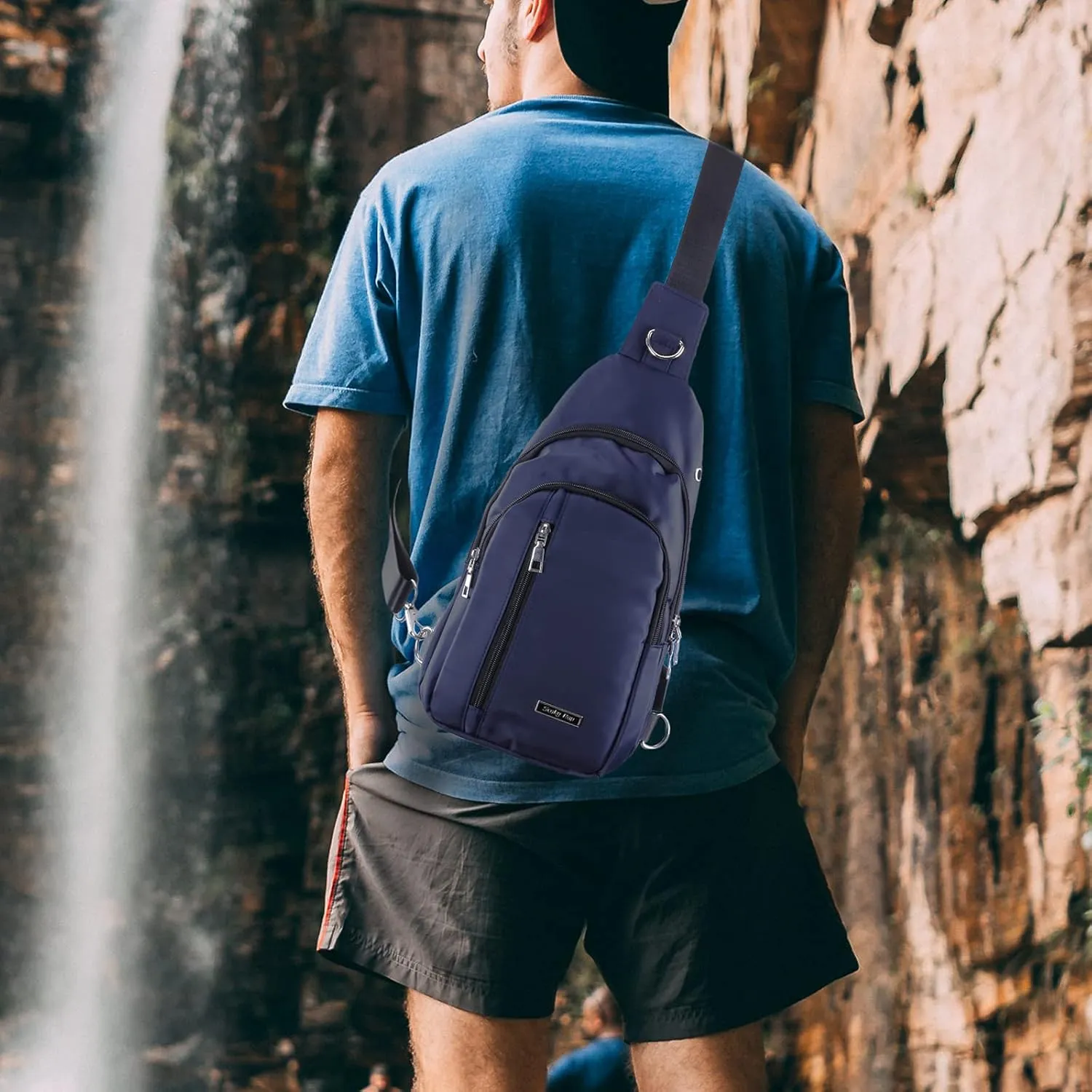 Men Women Small Sling Bag Nylon Water Resistant One Strap Backpack Shoulder Crossbody Bags with USB Charging Port Dark Blue