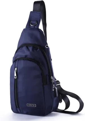 Men Women Small Sling Bag Nylon Water Resistant One Strap Backpack Shoulder Crossbody Bags with USB Charging Port Dark Blue