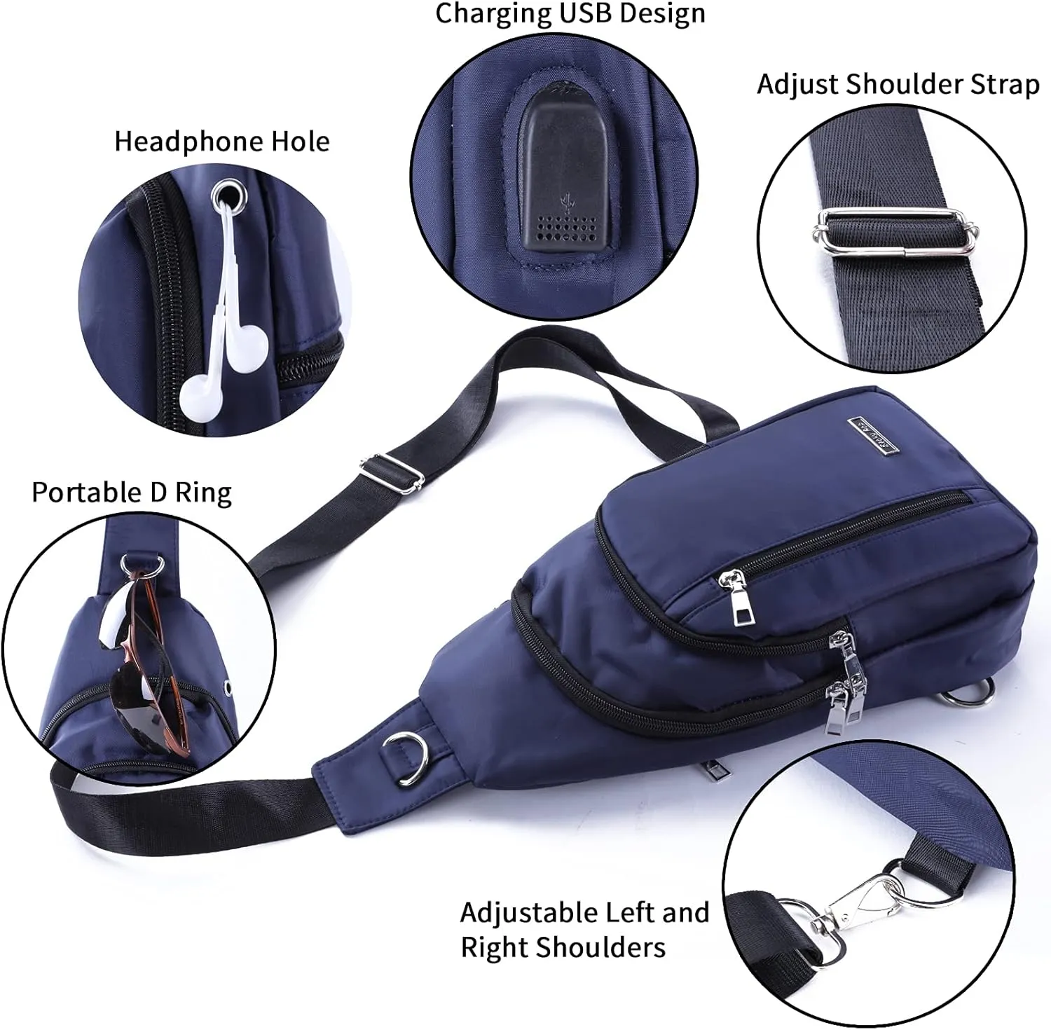 Men Women Small Sling Bag Nylon Water Resistant One Strap Backpack Shoulder Crossbody Bags with USB Charging Port Dark Blue