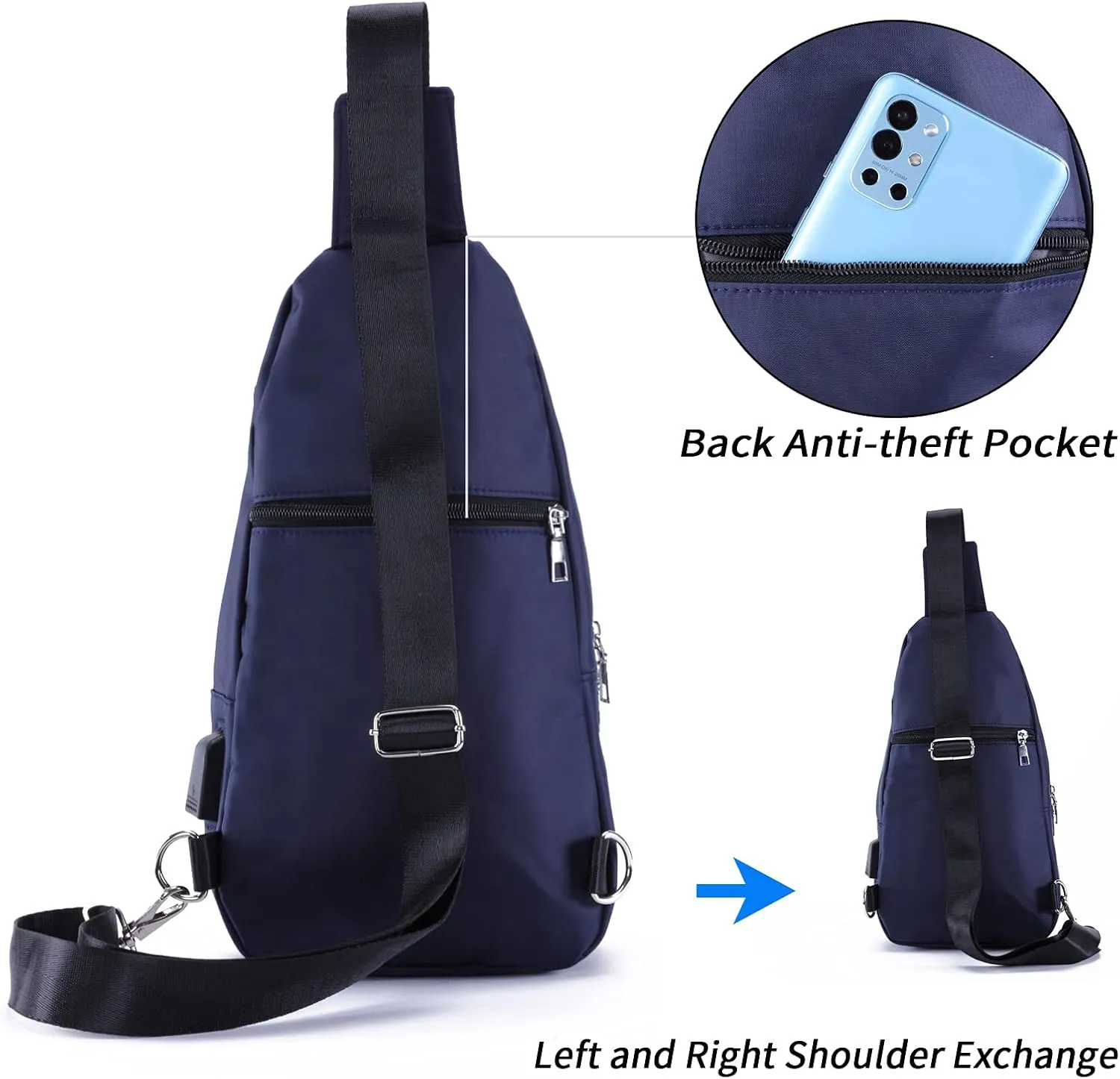 Men Women Small Sling Bag Nylon Water Resistant One Strap Backpack Shoulder Crossbody Bags with USB Charging Port Dark Blue