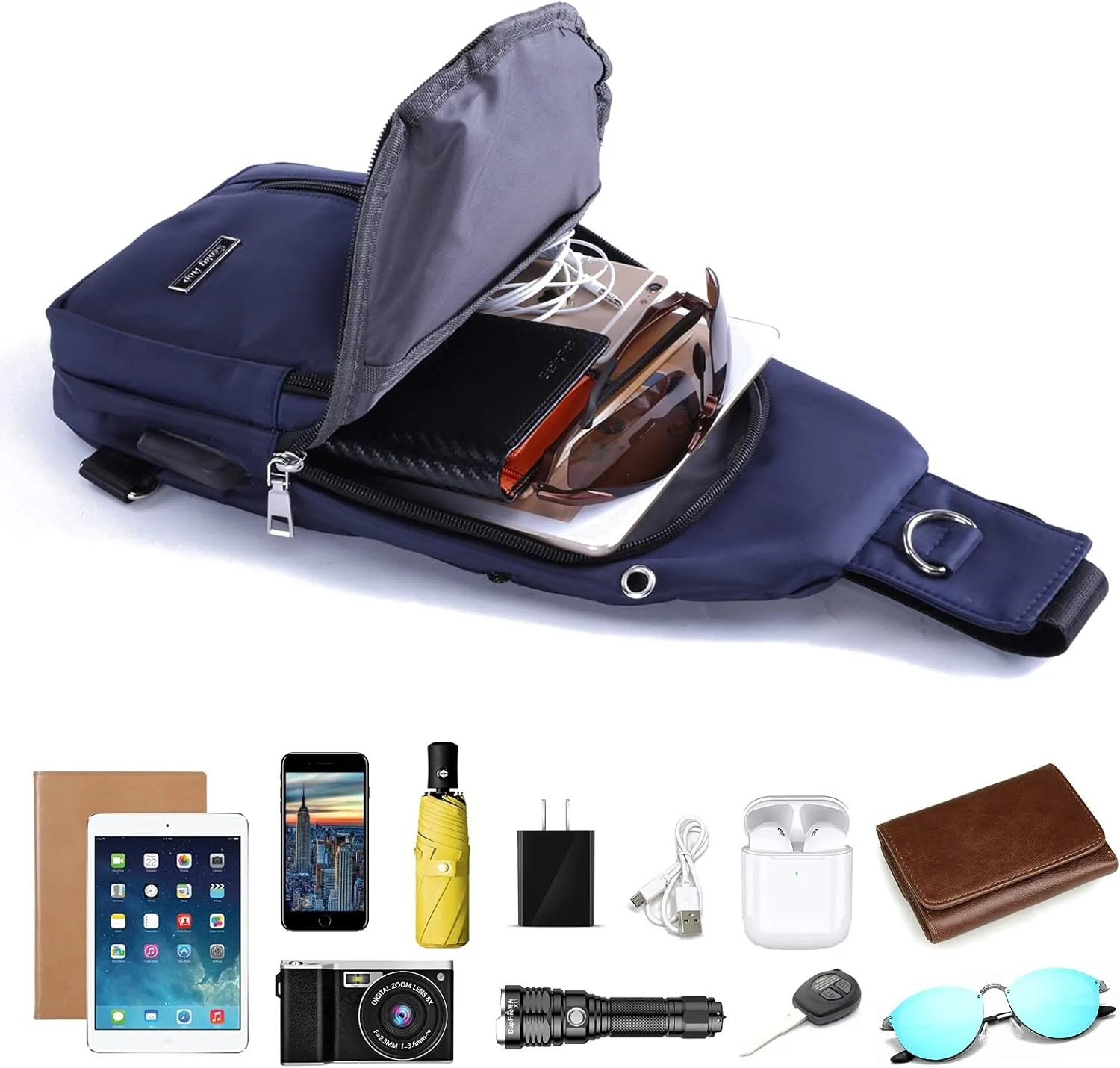 Men Women Small Sling Bag Nylon Water Resistant One Strap Backpack Shoulder Crossbody Bags with USB Charging Port Dark Blue