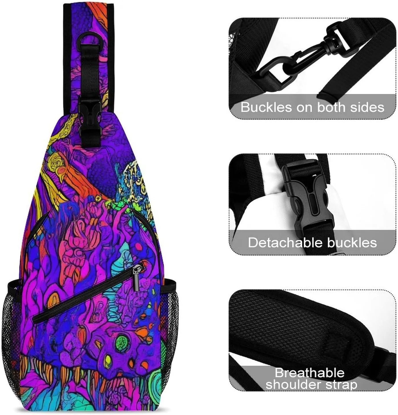 Mens Crossbody Sling Bag Chest Backpack with Adjustable Shoulder Strap Fanny Pack Gym Bag Colorful Trippy Sun Mushroom Shoulder Daypack