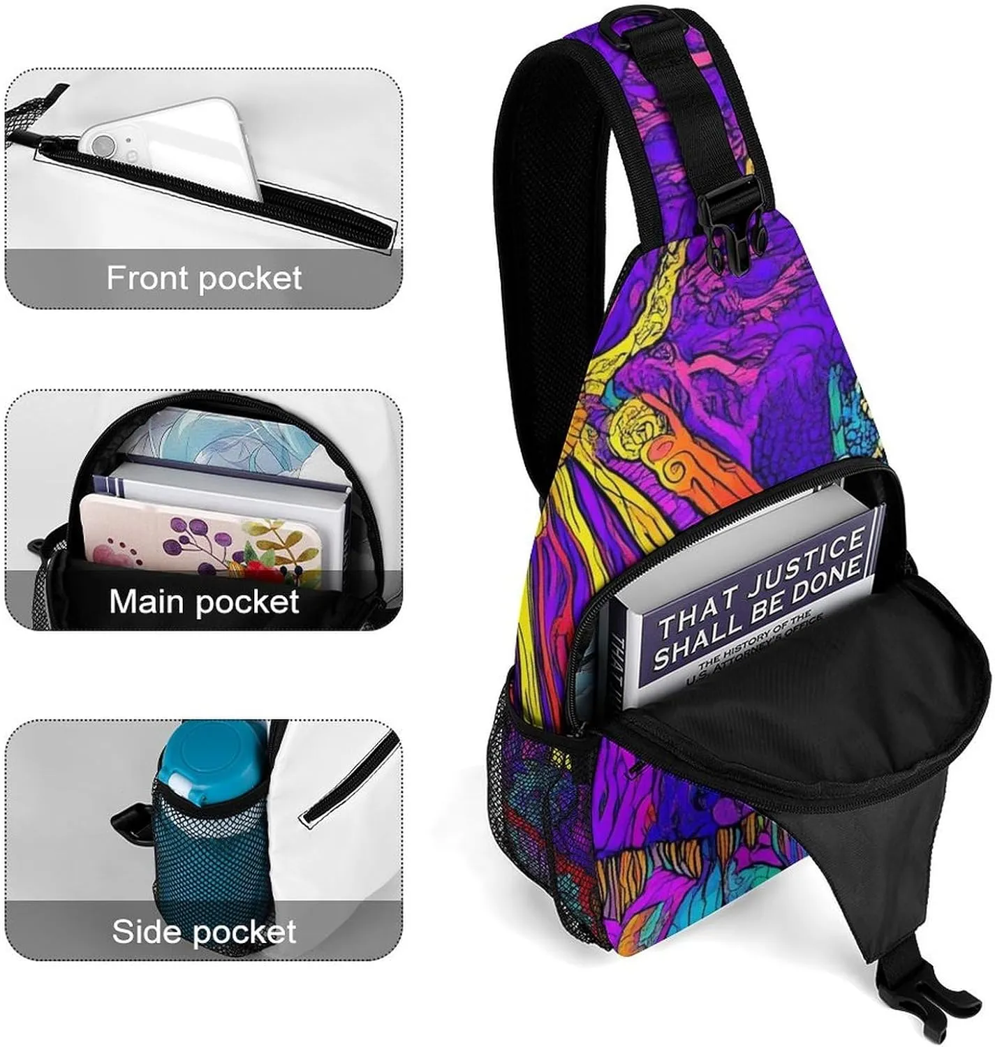 Mens Crossbody Sling Bag Chest Backpack with Adjustable Shoulder Strap Fanny Pack Gym Bag Colorful Trippy Sun Mushroom Shoulder Daypack
