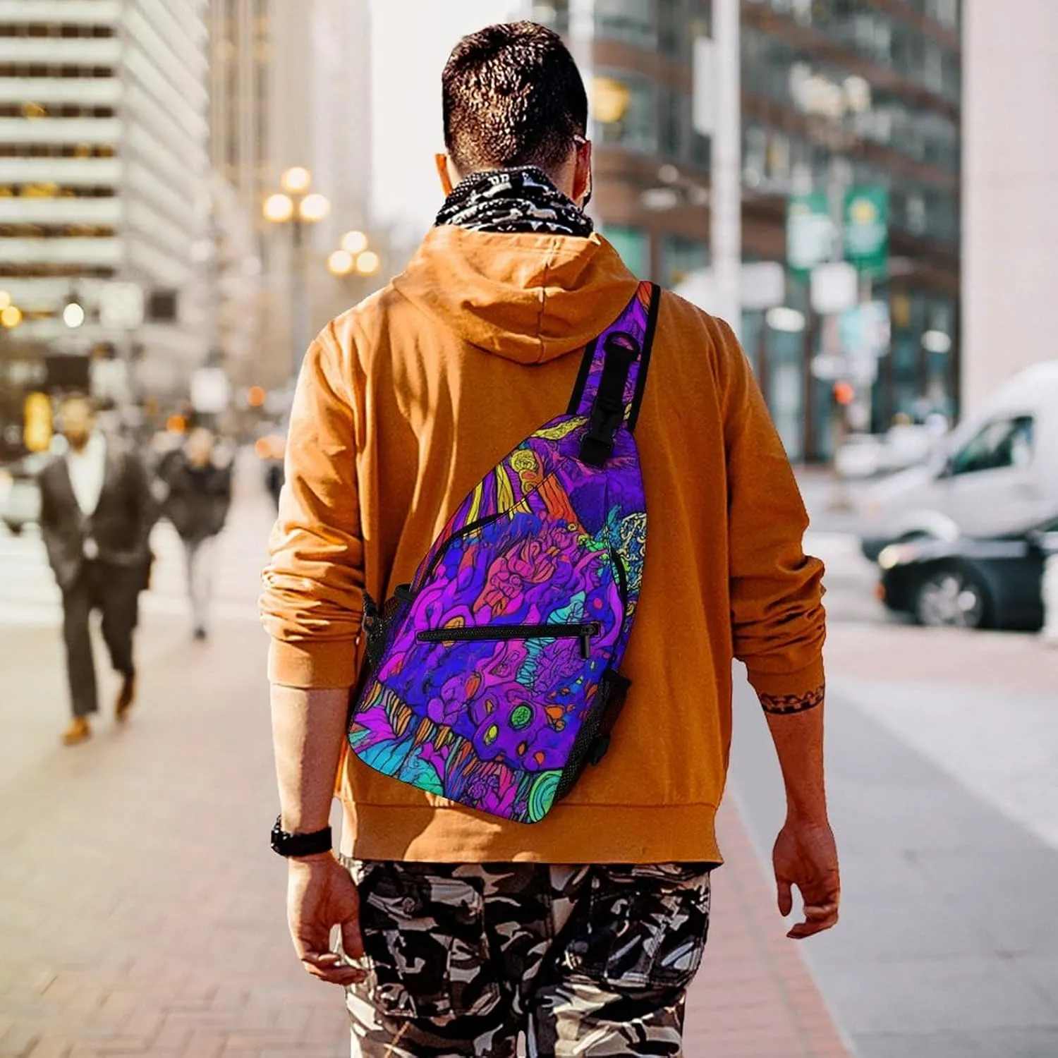 Mens Crossbody Sling Bag Chest Backpack with Adjustable Shoulder Strap Fanny Pack Gym Bag Colorful Trippy Sun Mushroom Shoulder Daypack