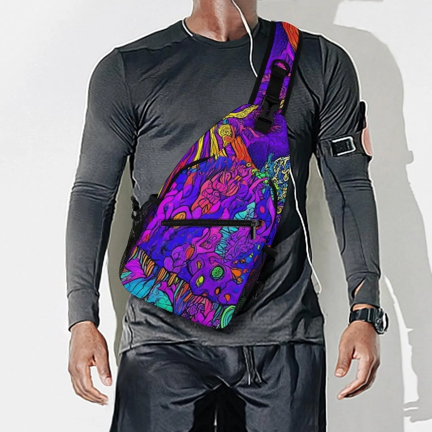 Mens Crossbody Sling Bag Chest Backpack with Adjustable Shoulder Strap Fanny Pack Gym Bag Colorful Trippy Sun Mushroom Shoulder Daypack