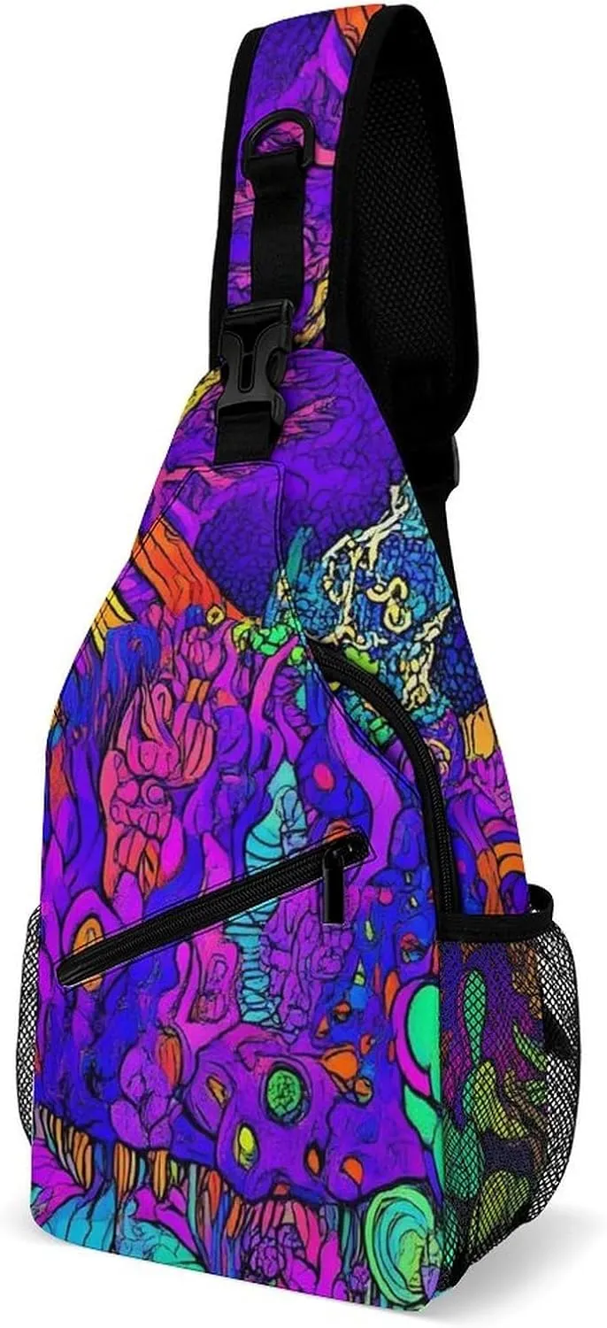 Mens Crossbody Sling Bag Chest Backpack with Adjustable Shoulder Strap Fanny Pack Gym Bag Colorful Trippy Sun Mushroom Shoulder Daypack