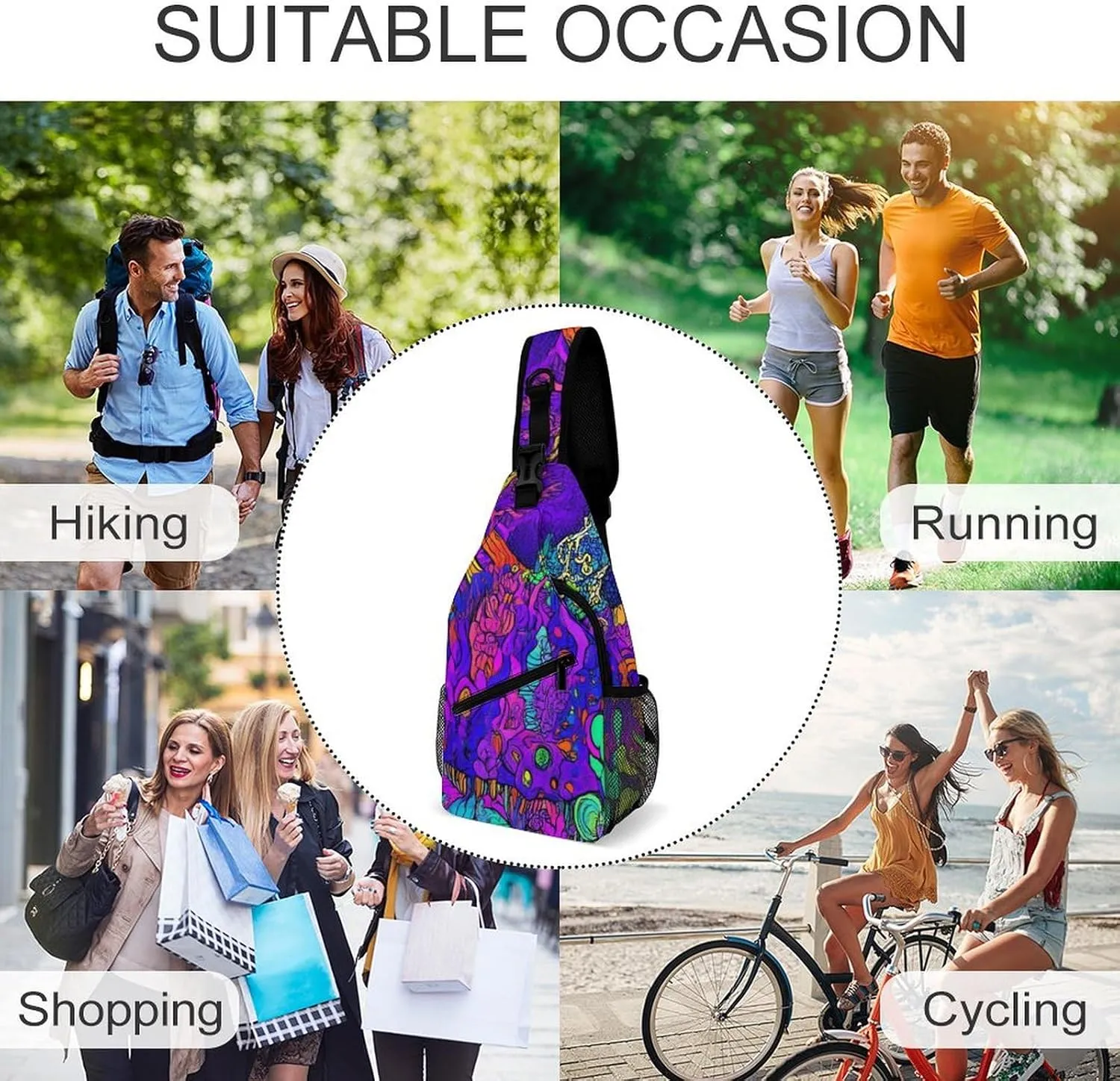 Mens Crossbody Sling Bag Chest Backpack with Adjustable Shoulder Strap Fanny Pack Gym Bag Colorful Trippy Sun Mushroom Shoulder Daypack