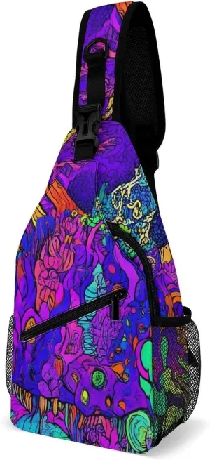Mens Crossbody Sling Bag Chest Backpack with Adjustable Shoulder Strap Fanny Pack Gym Bag Colorful Trippy Sun Mushroom Shoulder Daypack