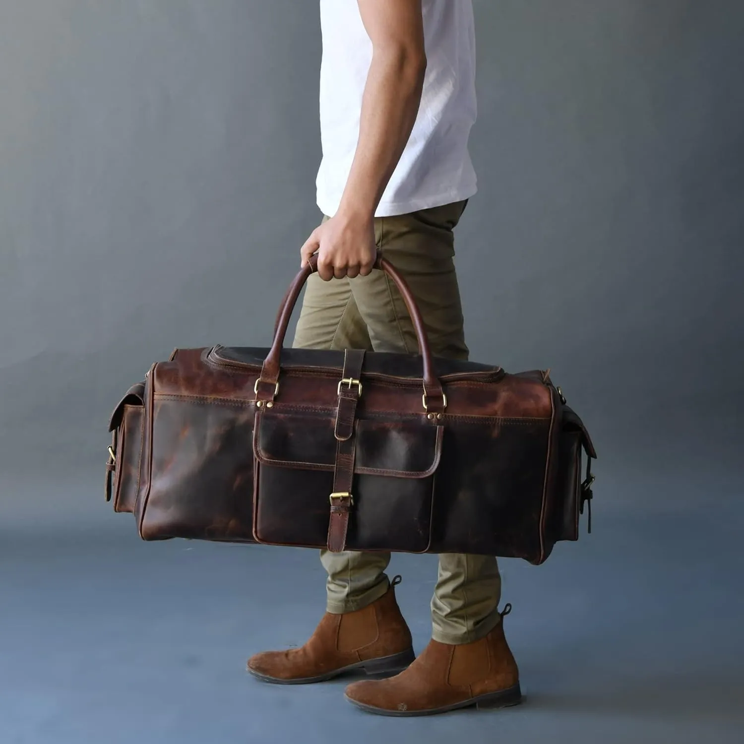 Men’s Large Travel Overnight Weekender Duffel Bag Handmade Vintage Travel Luggage Carry On Holdall Duffle Bag (Dark Brown, 24")