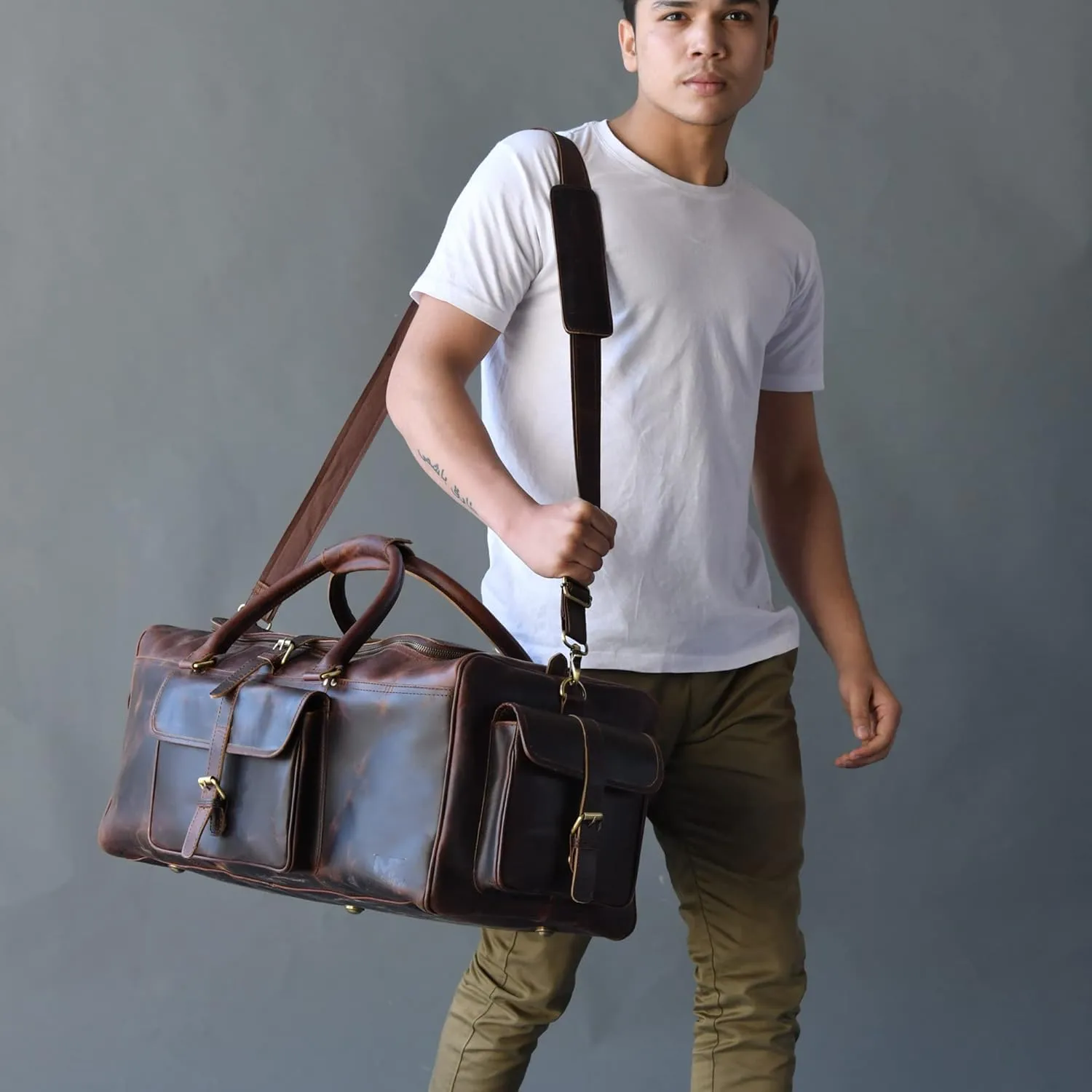 Men’s Large Travel Overnight Weekender Duffel Bag Handmade Vintage Travel Luggage Carry On Holdall Duffle Bag (Dark Brown, 24")