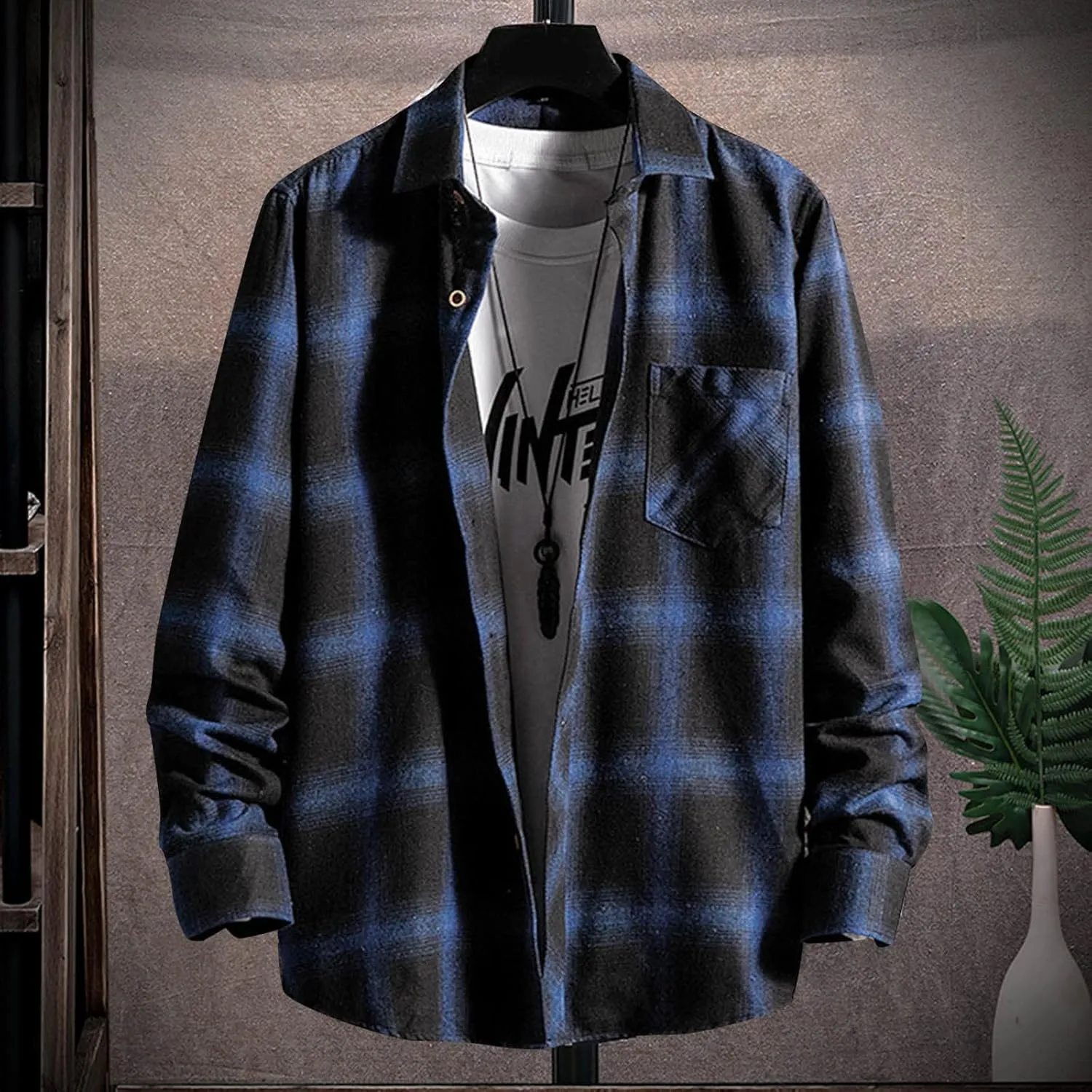 Mens Plaid Jacket Fashionable Square Printing Lightweight Breathable Long Sleeve Lapel Formal Shirt with Hood for