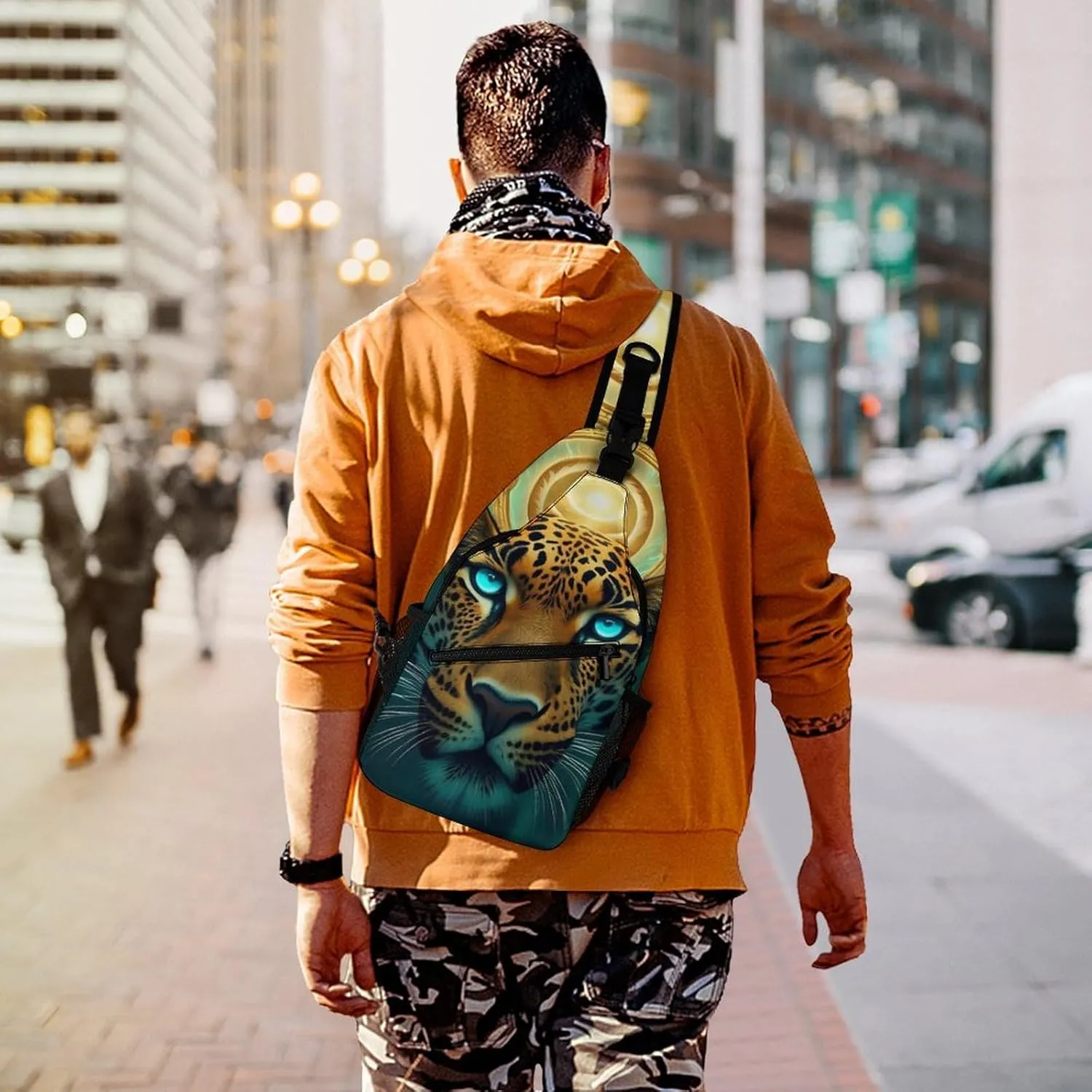 Mens Travel Crossbody Sling Backpack Cool Green Lightnings African Cheetah Leopard Gym Chest Bag Large Capacity Shoulder Bag Casual Daypack for Sport Hiking