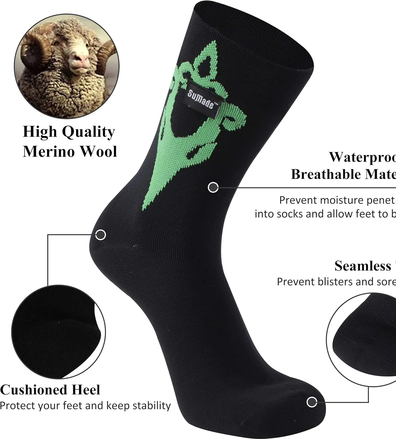Merino Wool Waterproof Socks, Men Women Breathable Hiking Cycling Wading Socks