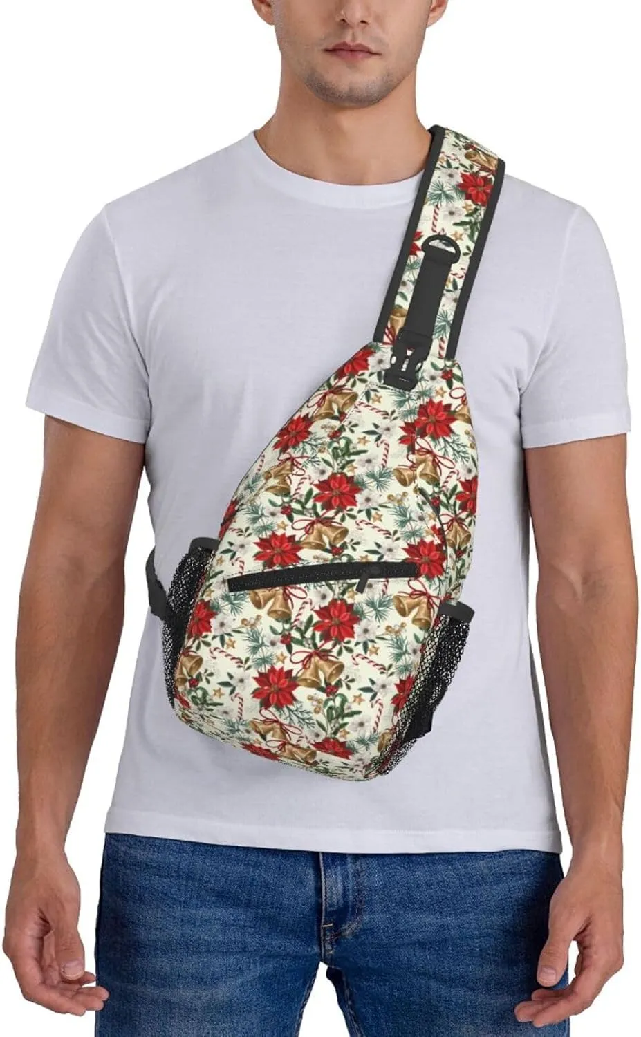 Merry Christmas Crossbody Sling Bag Adjustable New Year Chest Bag Shoulder Bag Christmas Botanical Flowers And Bells Sling Backpack Daypack For Women Men