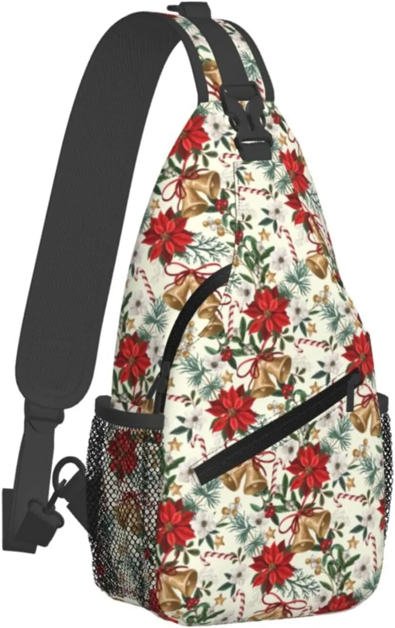 Merry Christmas Crossbody Sling Bag Adjustable New Year Chest Bag Shoulder Bag Christmas Botanical Flowers And Bells Sling Backpack Daypack For Women Men