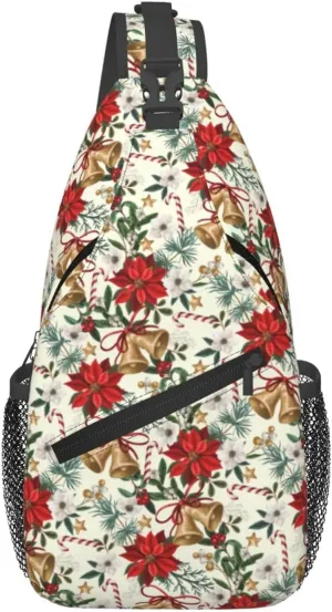 Merry Christmas Crossbody Sling Bag Adjustable New Year Chest Bag Shoulder Bag Christmas Botanical Flowers And Bells Sling Backpack Daypack For Women Men