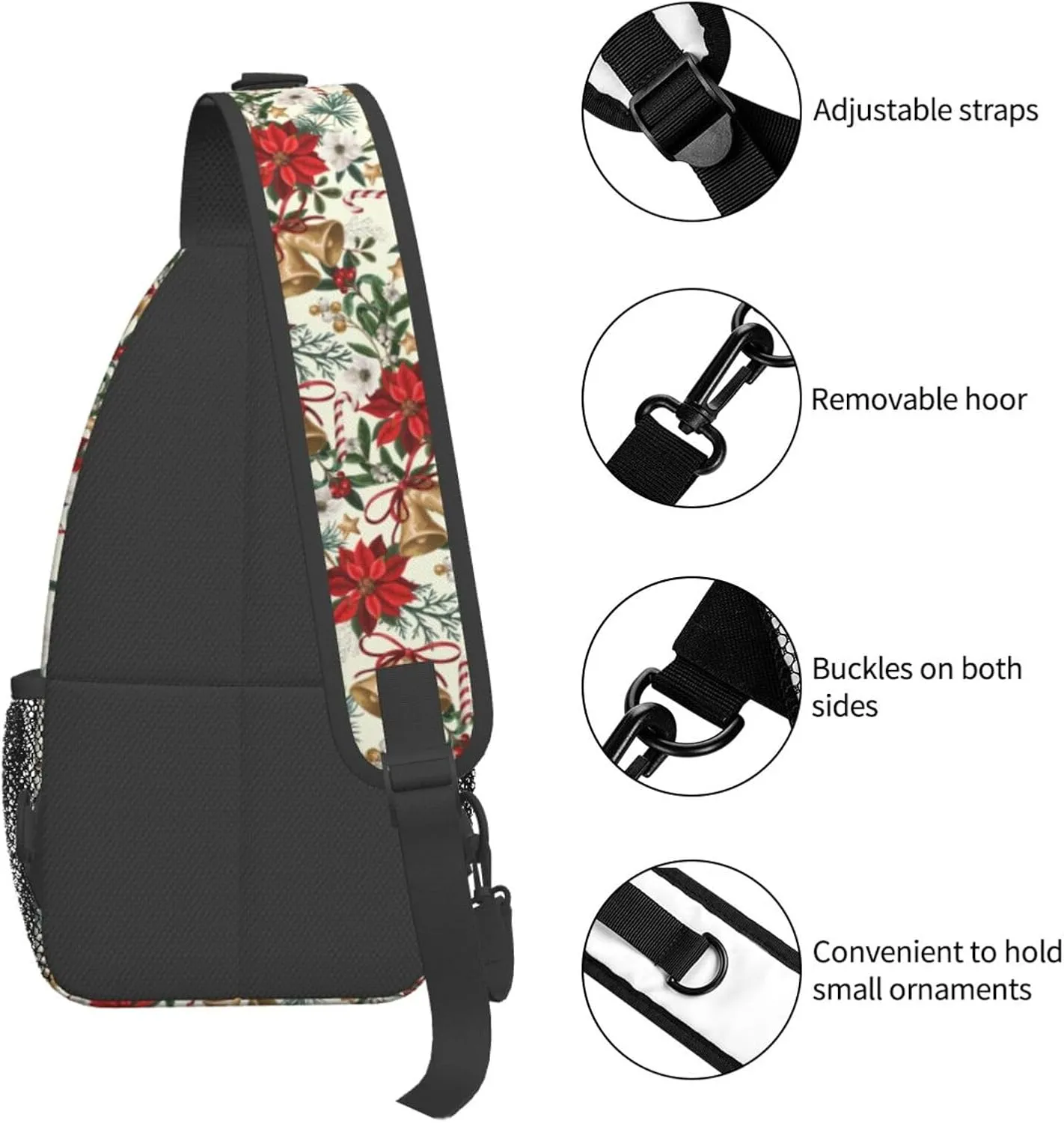 Merry Christmas Crossbody Sling Bag Adjustable New Year Chest Bag Shoulder Bag Christmas Botanical Flowers And Bells Sling Backpack Daypack For Women Men