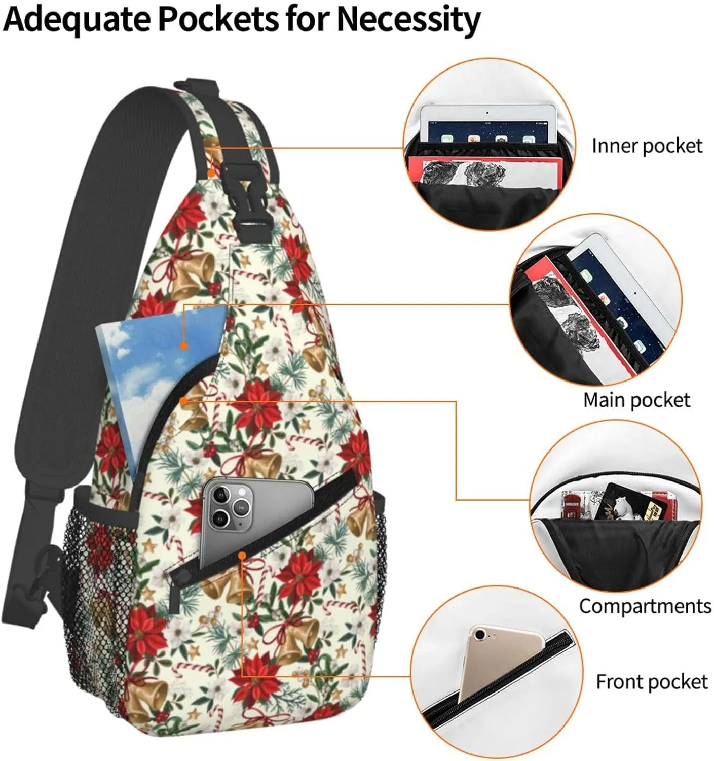 Merry Christmas Crossbody Sling Bag Adjustable New Year Chest Bag Shoulder Bag Christmas Botanical Flowers And Bells Sling Backpack Daypack For Women Men