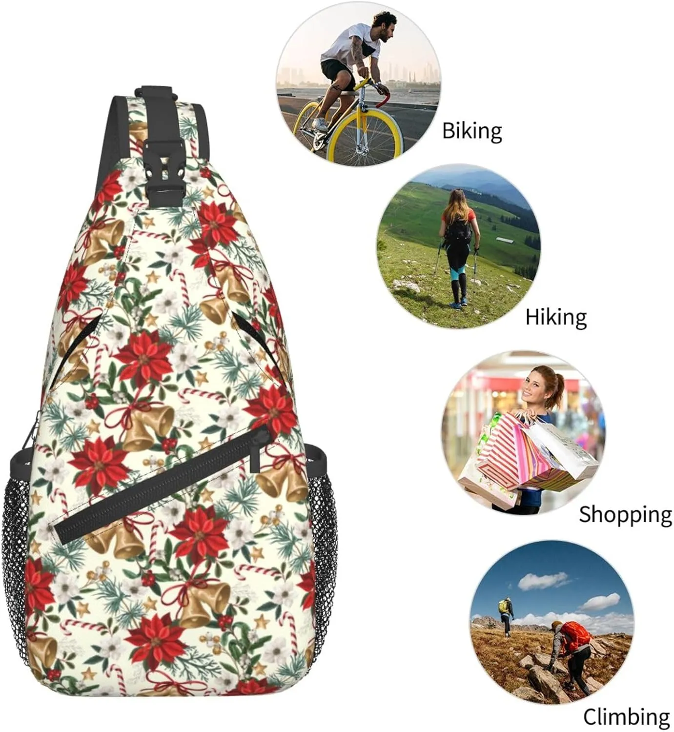 Merry Christmas Crossbody Sling Bag Adjustable New Year Chest Bag Shoulder Bag Christmas Botanical Flowers And Bells Sling Backpack Daypack For Women Men