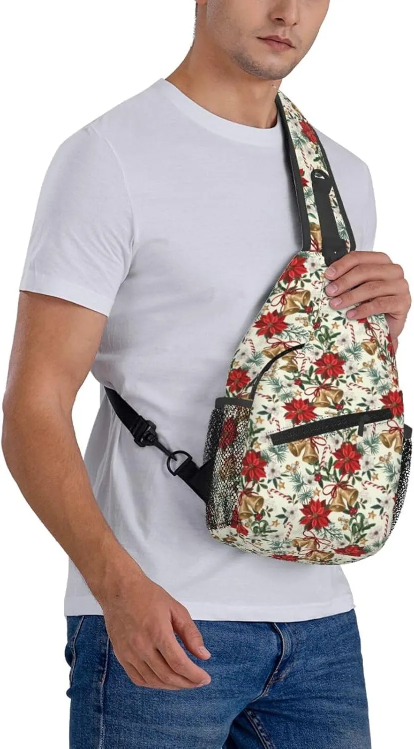 Merry Christmas Crossbody Sling Bag Adjustable New Year Chest Bag Shoulder Bag Christmas Botanical Flowers And Bells Sling Backpack Daypack For Women Men