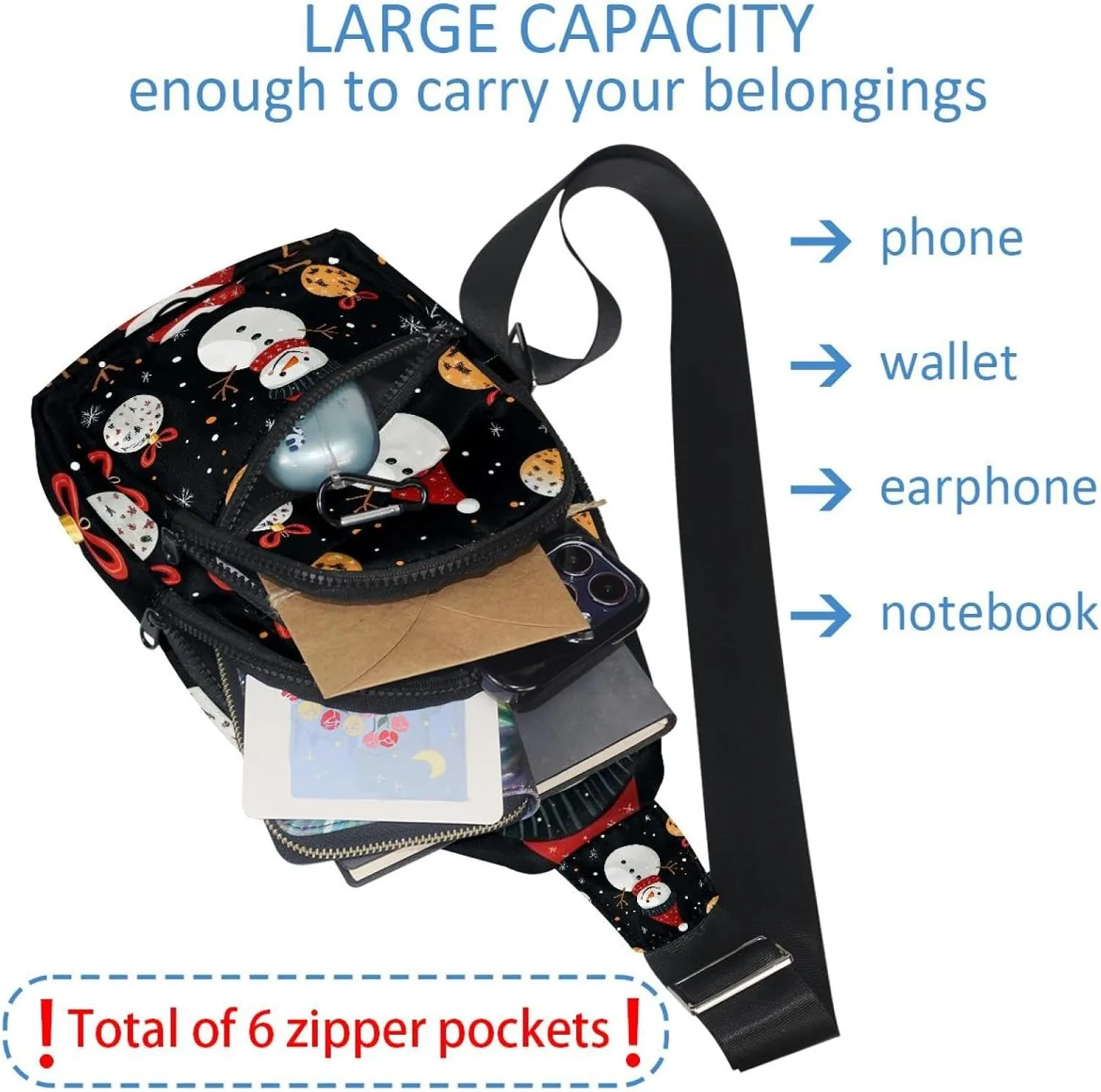 Merry Christmas Snowman Crossbody Bag with Adjustable Shoulder Strap, Shoulder Bag for Men and Women Sling Backpack for Travel, Cycling, Work, Sport
