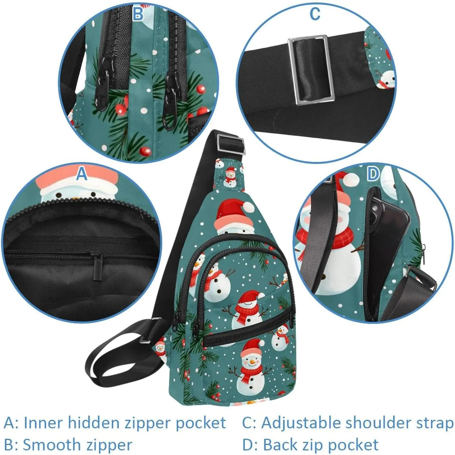 Merry Christmas Snowman Crossbody Bag with Adjustable Shoulder Strap, Shoulder Bag for Men and Women Sling Backpack for Travel, Cycling, Work, Sport