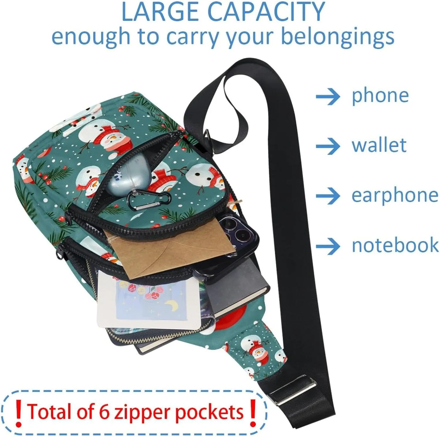 Merry Christmas Snowman Crossbody Bag with Adjustable Shoulder Strap, Shoulder Bag for Men and Women Sling Backpack for Travel, Cycling, Work, Sport