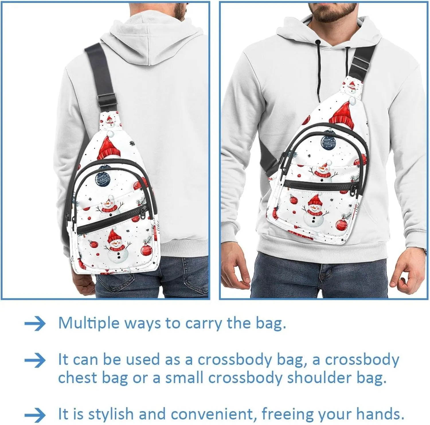 Merry Christmas Snowman Crossbody Bag with Adjustable Shoulder Strap, Shoulder Bag for Men and Women Sling Backpack for Travel, Cycling, Work, Sport