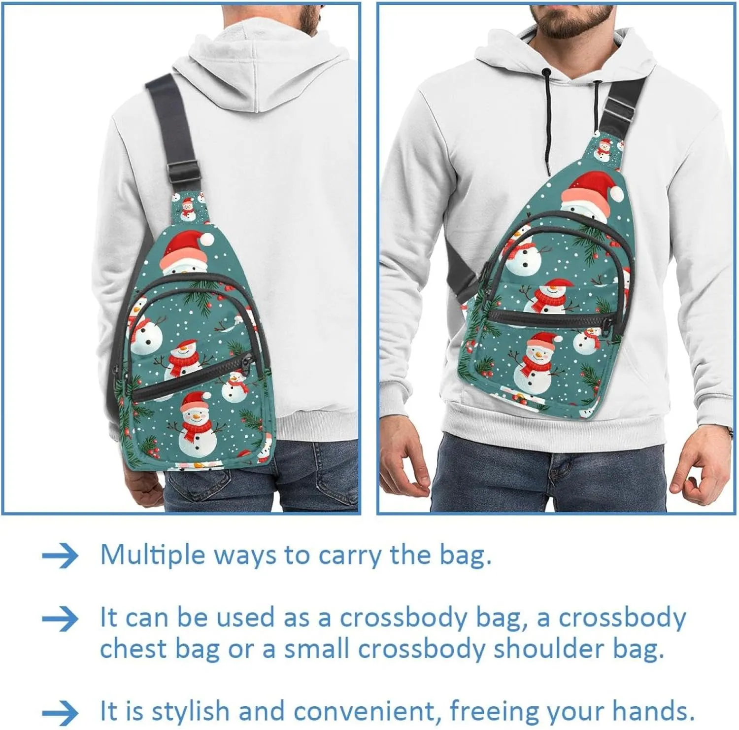 Merry Christmas Snowman Crossbody Bag with Adjustable Shoulder Strap, Shoulder Bag for Men and Women Sling Backpack for Travel, Cycling, Work, Sport