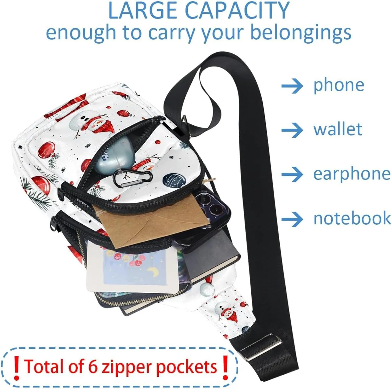 Merry Christmas Snowman Crossbody Bag with Adjustable Shoulder Strap, Shoulder Bag for Men and Women Sling Backpack for Travel, Cycling, Work, Sport