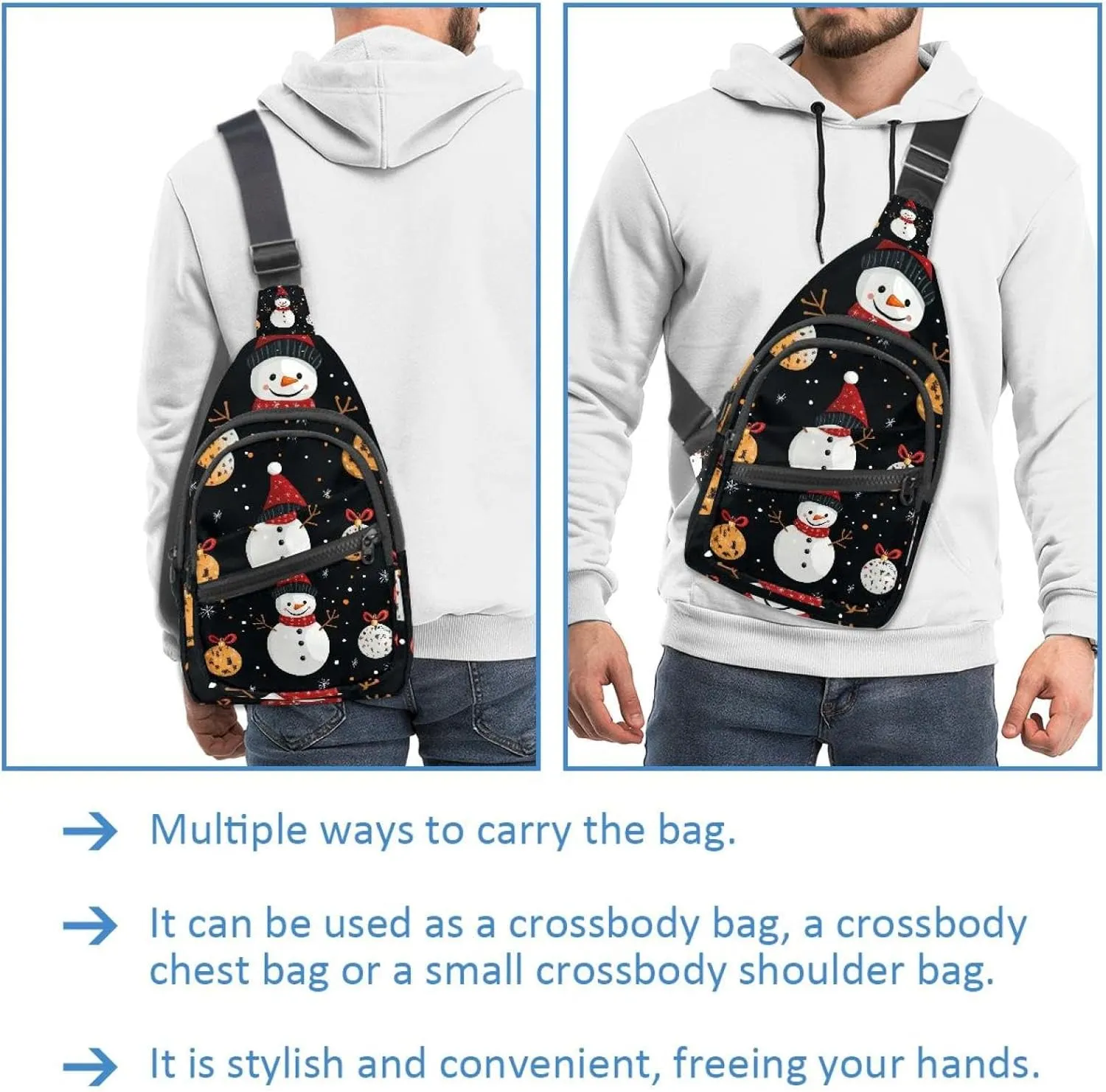Merry Christmas Snowman Crossbody Bag with Adjustable Shoulder Strap, Shoulder Bag for Men and Women Sling Backpack for Travel, Cycling, Work, Sport