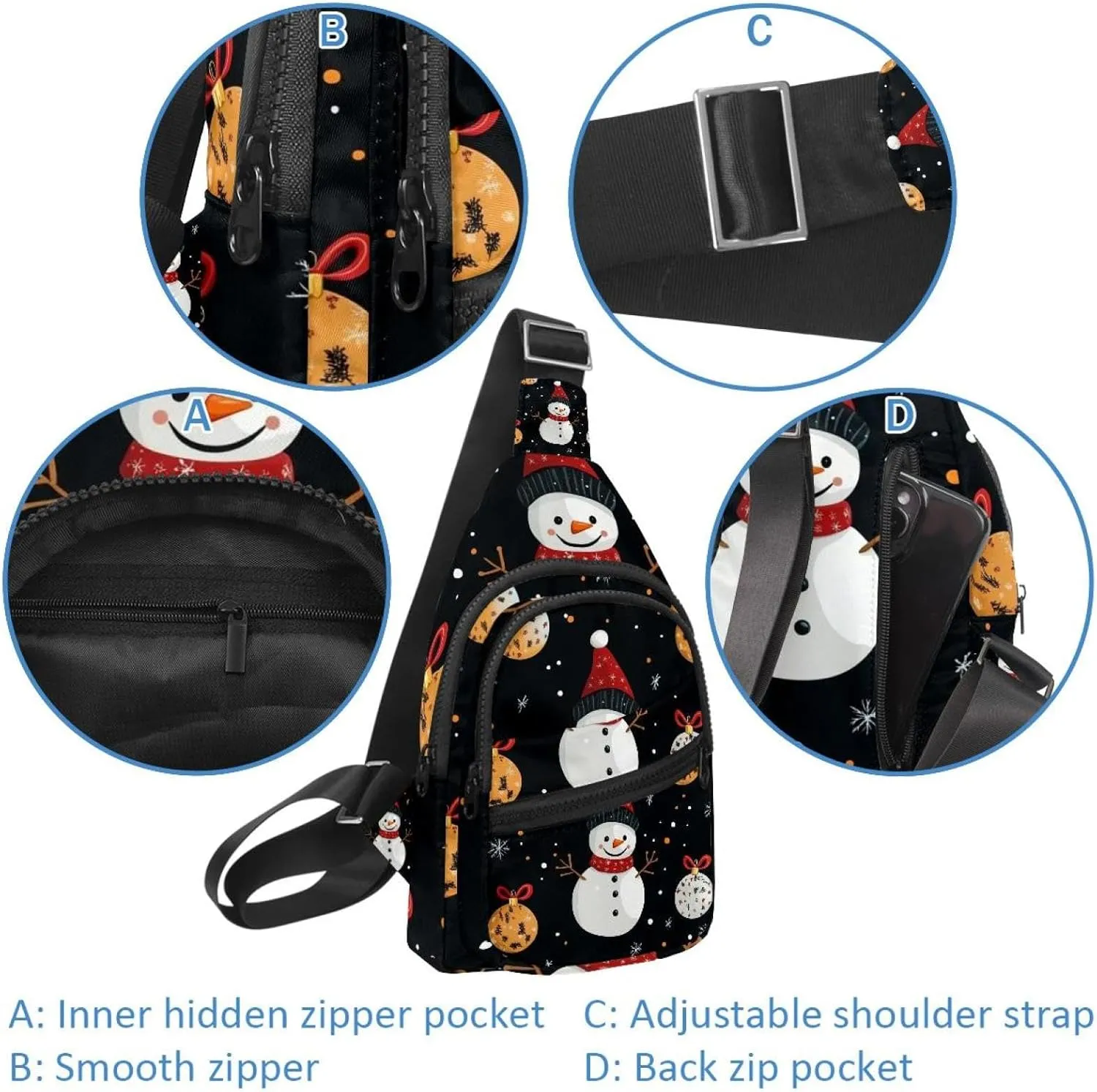 Merry Christmas Snowman Crossbody Bag with Adjustable Shoulder Strap, Shoulder Bag for Men and Women Sling Backpack for Travel, Cycling, Work, Sport