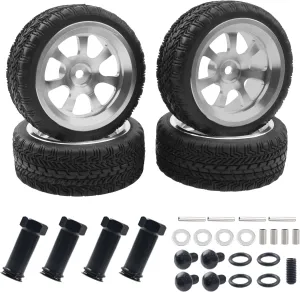 Metal 12mm Hex Hub Wheel Rims & 2.55'' Rubber Tires with 30mm Extension Hex Hub Adapter Compatible with Wltoys 144001 A959 A959-B 124019 124018 1/18 1/14 RC Car (Silver)
