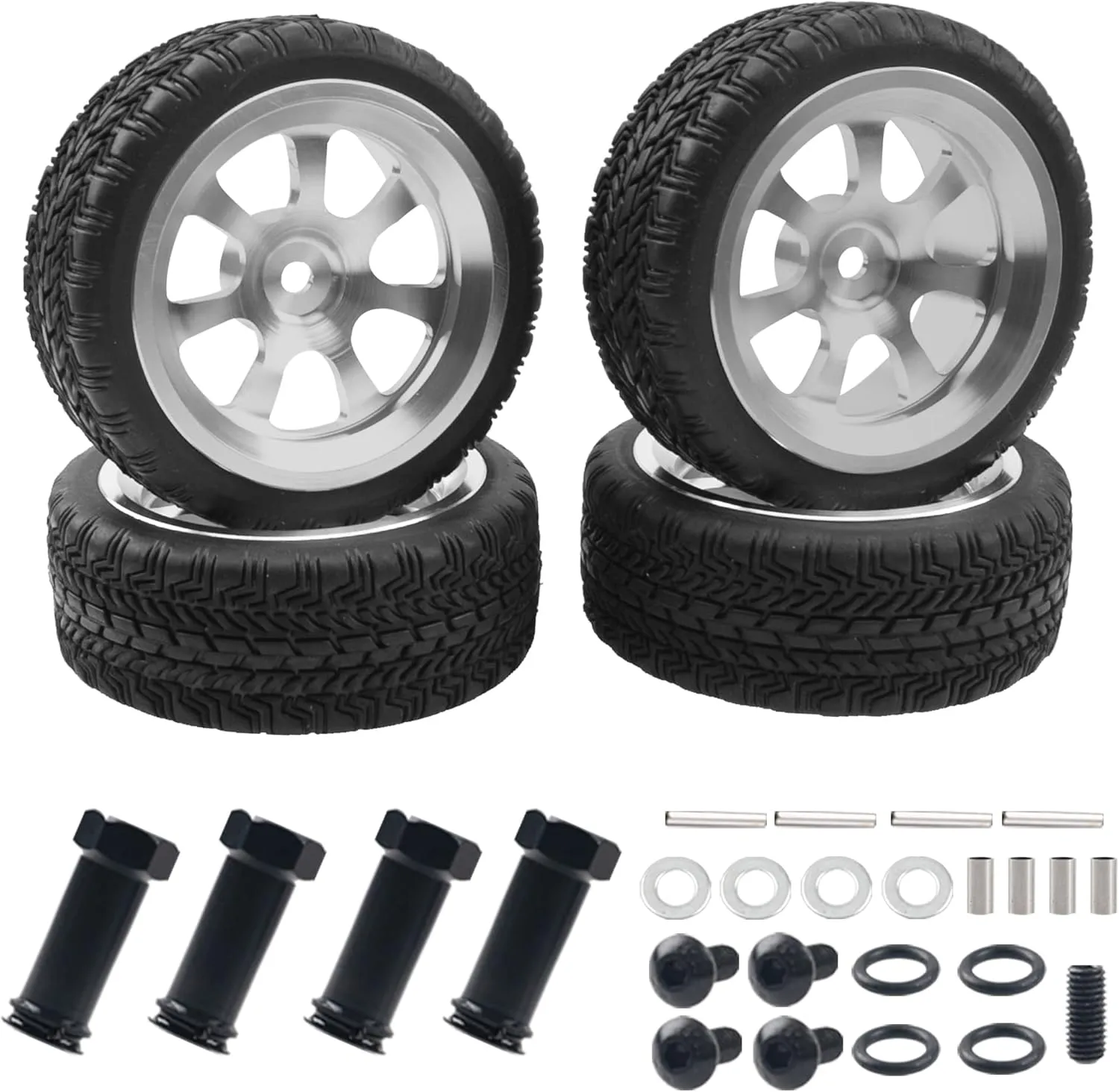 Metal 12mm Hex Hub Wheel Rims & 2.55'' Rubber Tires with 30mm Extension Hex Hub Adapter Compatible with Wltoys 144001 A959 A959-B 124019 124018 1/18 1/14 RC Car (Silver)