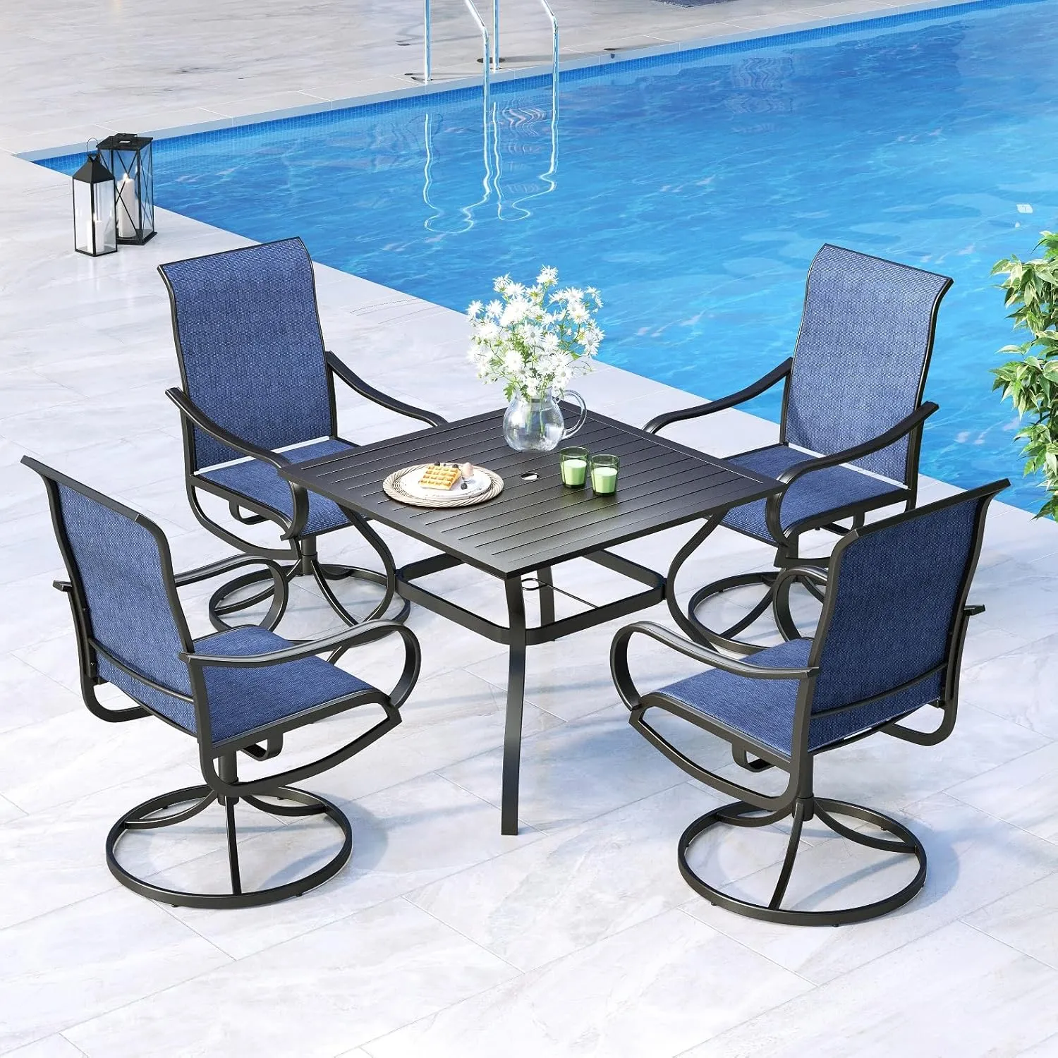 MFSTUDIO Outdoor Swivel Patio Dining Chairs Set of 4, High Back Breathable Textilene Patio Chairs for Balcony, Backyad, Deck, Garden (Navy Fabric,Black Frame)