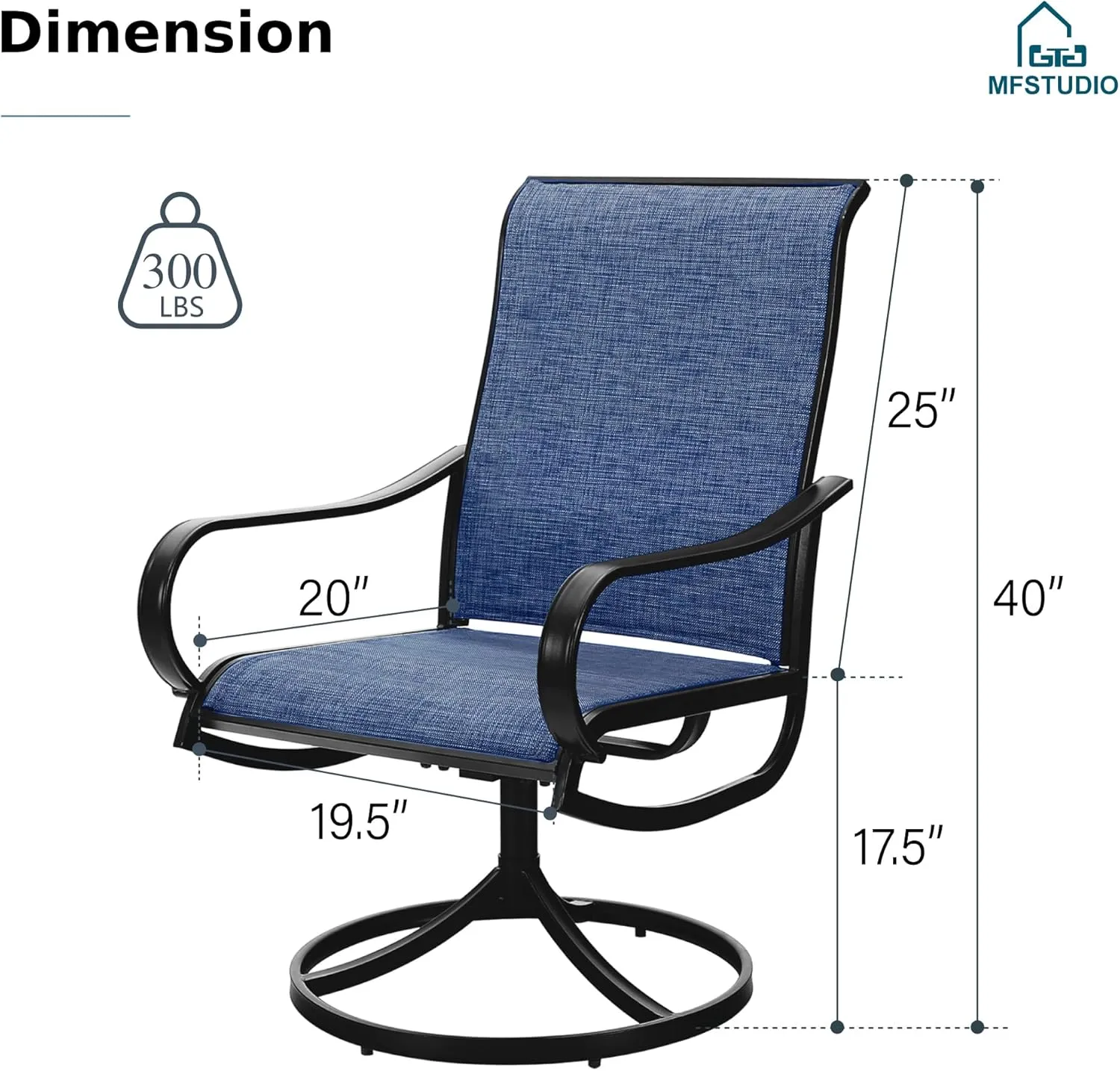 MFSTUDIO Outdoor Swivel Patio Dining Chairs Set of 4, High Back Breathable Textilene Patio Chairs for Balcony, Backyad, Deck, Garden (Navy Fabric,Black Frame)