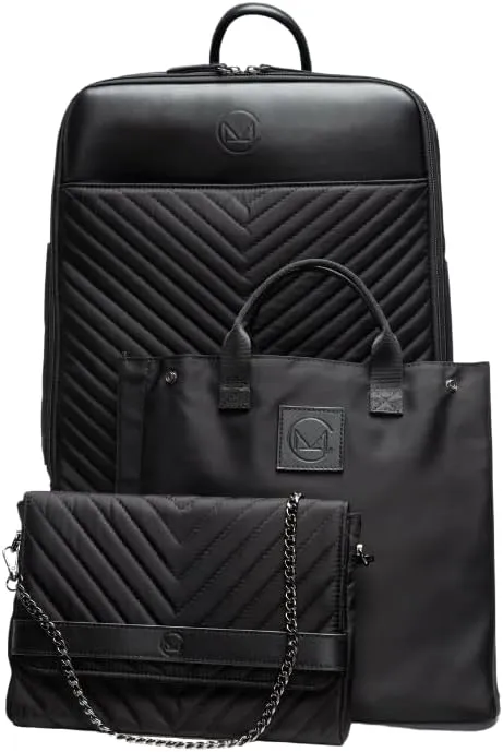 Michelle Cabrera The Trio - Includes a Diaper Bag Backpack for Women with Laptop Compartment, Tote with Changing Pad for Baby Girl and Boy, and Clutch, Leather/Nylon, Portable for Travel, Black