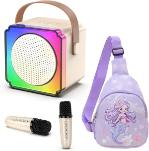 Mini Karaoke Machine with 2 Wireless Microphones, Birthday Gifts for Kids, Adults, Girls Boys Birthday Easter Toys, Age 3-12  Year Olds, Portable Bluetooth Speaker, 1 Bag, for Singing Party (White)