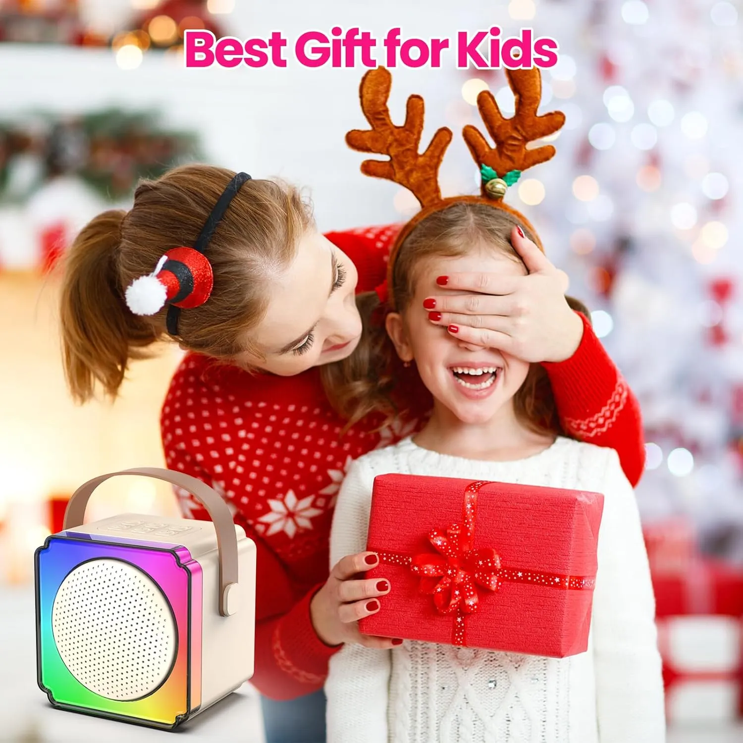 Mini Karaoke Machine with 2 Wireless Microphones, Birthday Gifts for Kids, Adults, Girls Boys Birthday Easter Toys, Age 3-12  Year Olds, Portable Bluetooth Speaker, 1 Bag, for Singing Party (White)