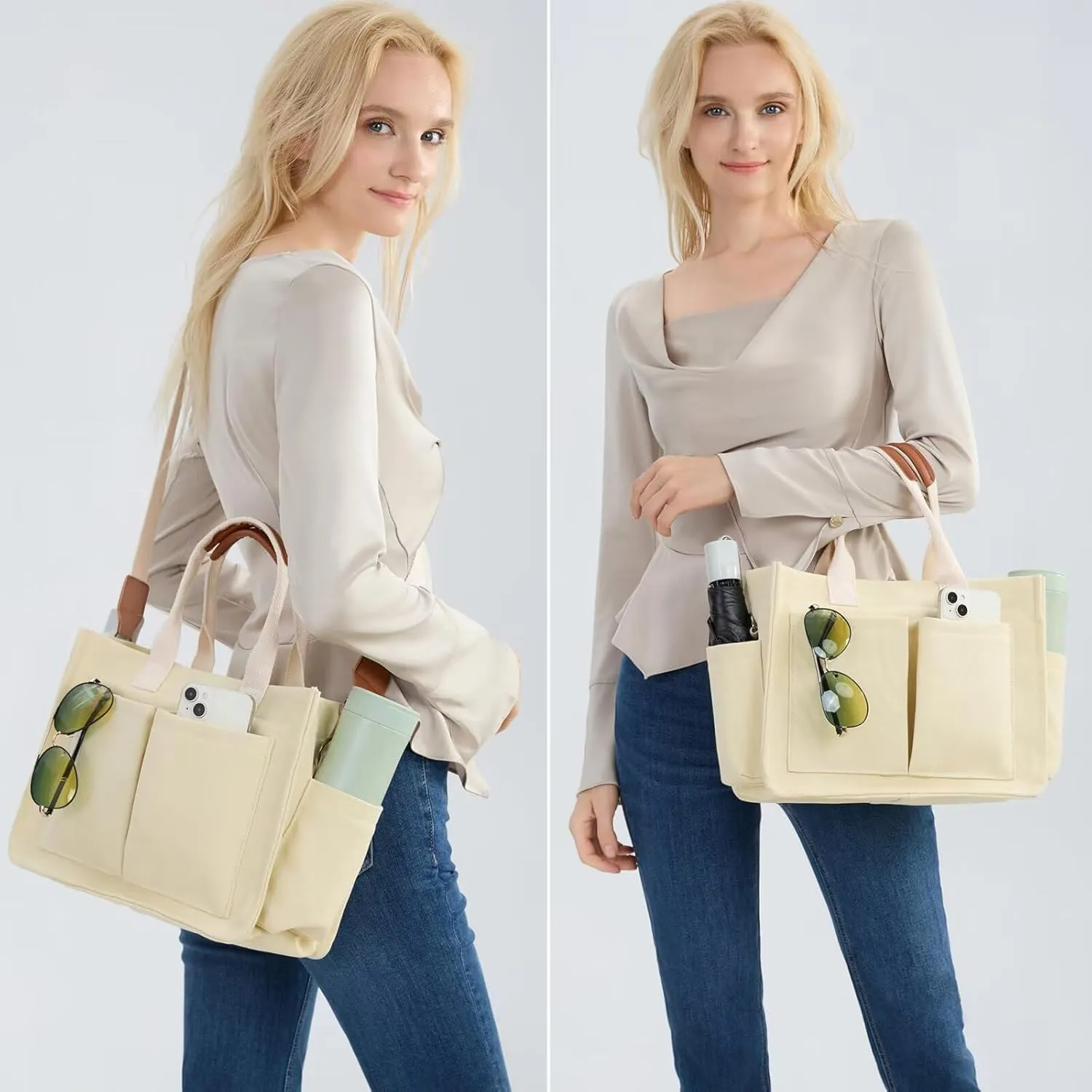 MINTEGRA Canvas Tote Bag for Women Multi-Pocket Handbag Lightweight Work Laptop Crossbody Bag for Travel and Everyday Use