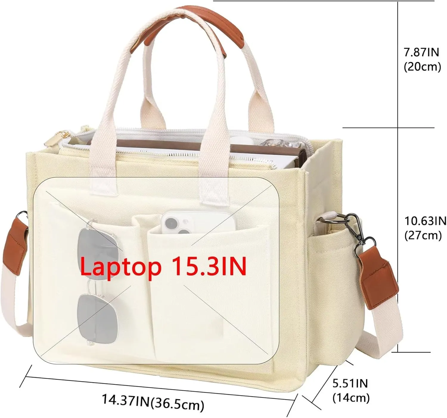 MINTEGRA Canvas Tote Bag for Women Multi-Pocket Handbag Lightweight Work Laptop Crossbody Bag for Travel and Everyday Use
