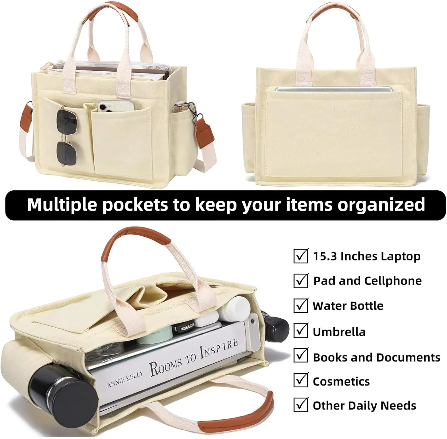 MINTEGRA Canvas Tote Bag for Women Multi-Pocket Handbag Lightweight Work Laptop Crossbody Bag for Travel and Everyday Use
