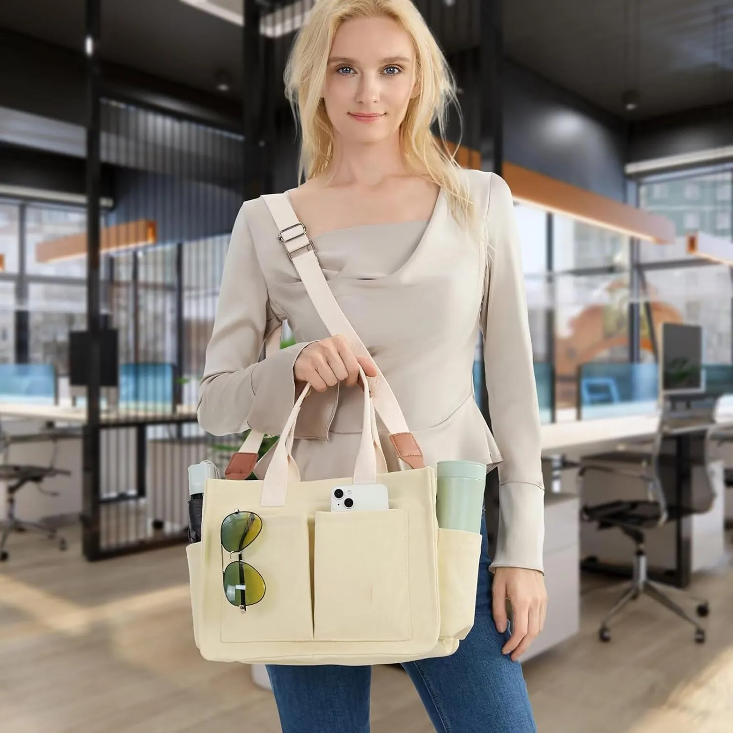 MINTEGRA Canvas Tote Bag for Women Multi-Pocket Handbag Lightweight Work Laptop Crossbody Bag for Travel and Everyday Use