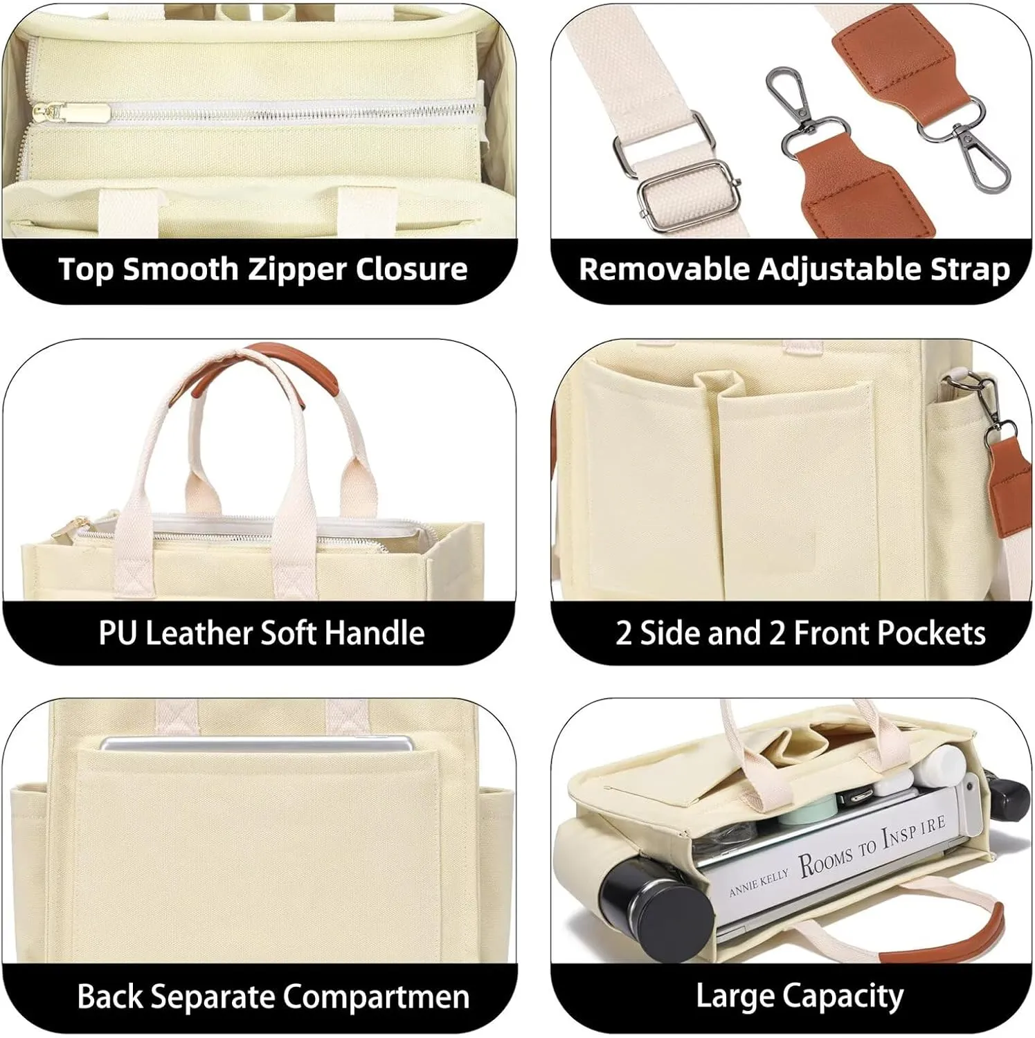 MINTEGRA Canvas Tote Bag for Women Multi-Pocket Handbag Lightweight Work Laptop Crossbody Bag for Travel and Everyday Use