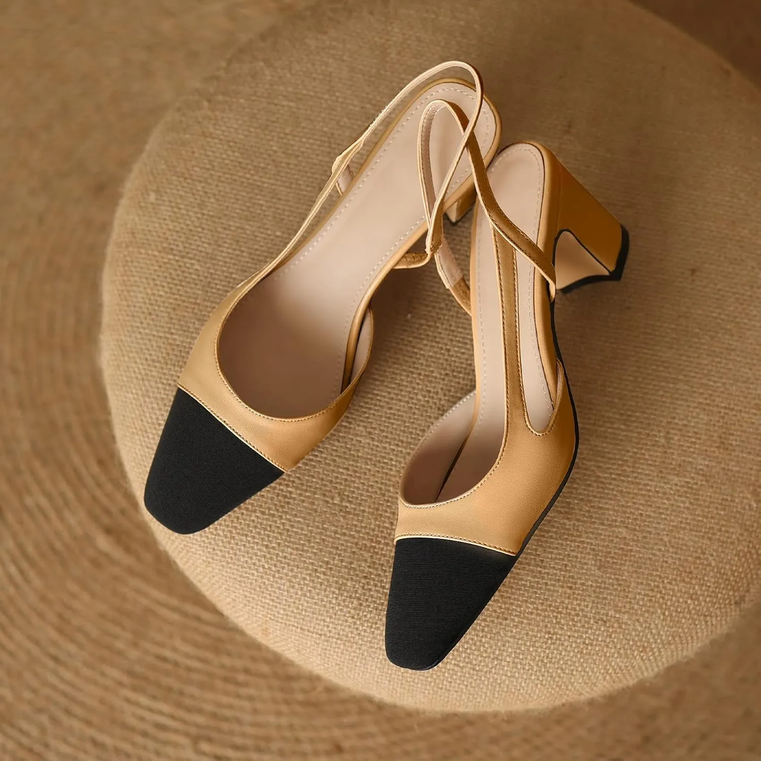 MIRAAZZURRA Women Sling Back Pumps Chunky Heels Sexy Splicing Round Toe Casual Wedding Shoes for Women Fashion Dress Shoes