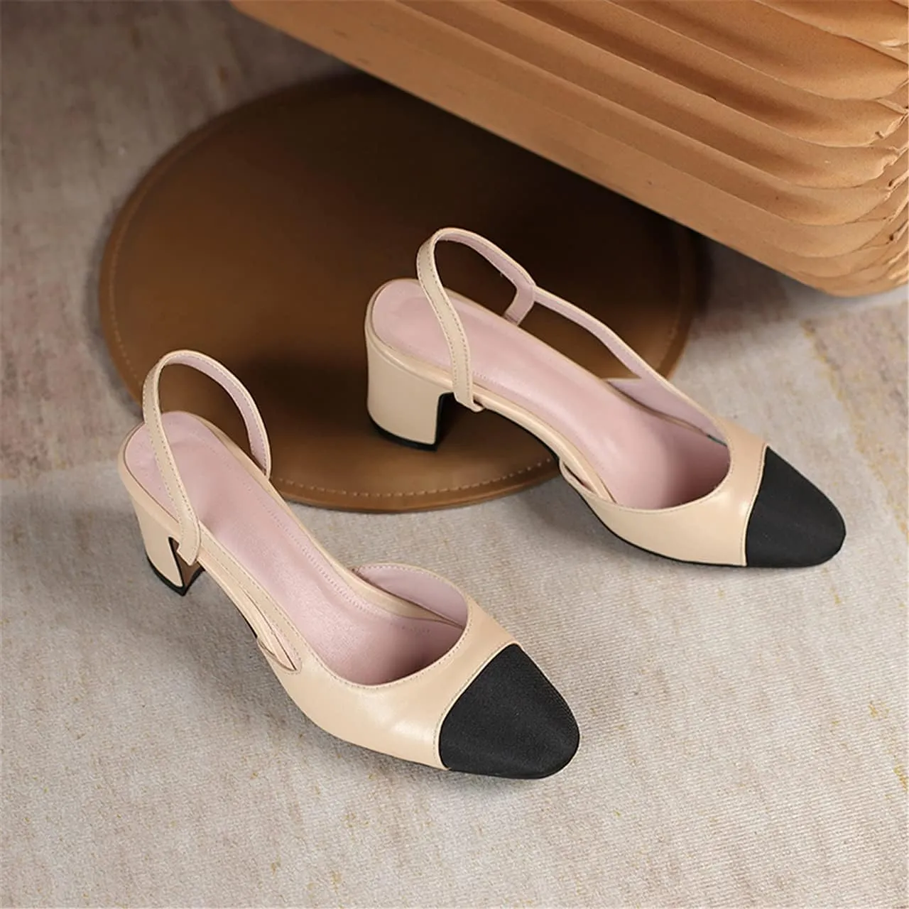 MIRAAZZURRA Women Sling Back Pumps Chunky Heels Sexy Splicing Round Toe Casual Wedding Shoes for Women Fashion Dress Shoes