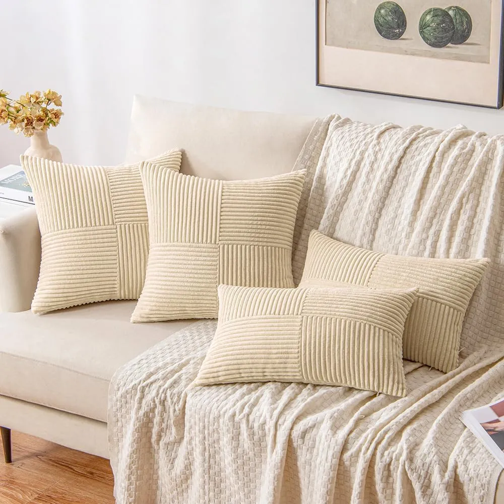 MIULEE Cream Corduroy Pillow Covers Pack of 2 Boho Decorative Spliced Throw Pillow Covers Soft Solid Couch Pillowcases Cross Patchwork Textured Cushion Covers for Living Room Bed Sofa 18x18 inch